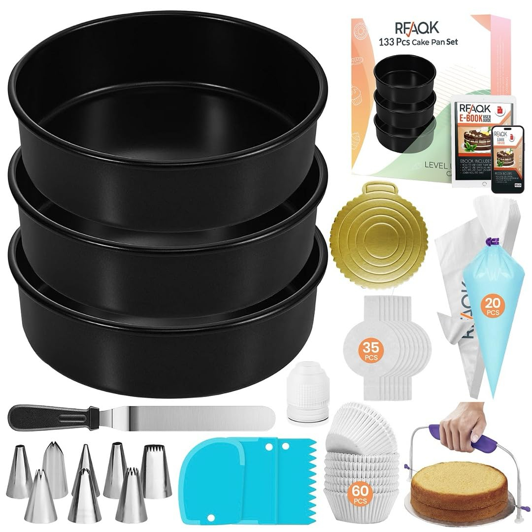 RFAQK 133PCs Round Cake Pans Sets for Baking + Cake Decorating Supplies - 3 Non-Stick 8 Inch Cake Pan with Baking Supplies, Piping Tips, Cake Leveler, Icing Spatula and 35 Parchment Papers with eBook