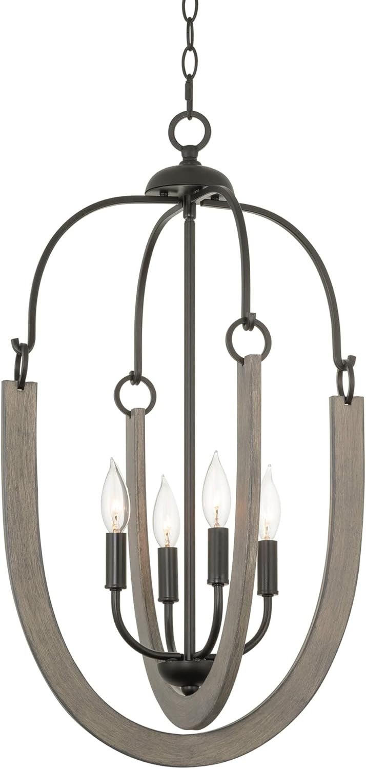 Kira Home Daphne 28" 4-Light Farmhouse Pendant Light, Gray Oak Wood Style + Black Finish