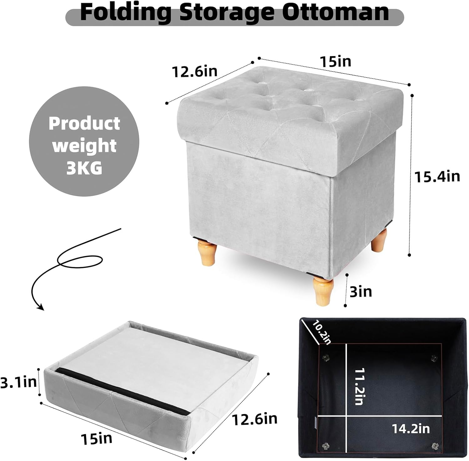 CAROLMADE Folding Storage Ottoman Cube Velvet Footstool with Wood Legs Ottoman Footrest for Living Room and Bedroom Brown, Grey 15"x12.6"x15.4”