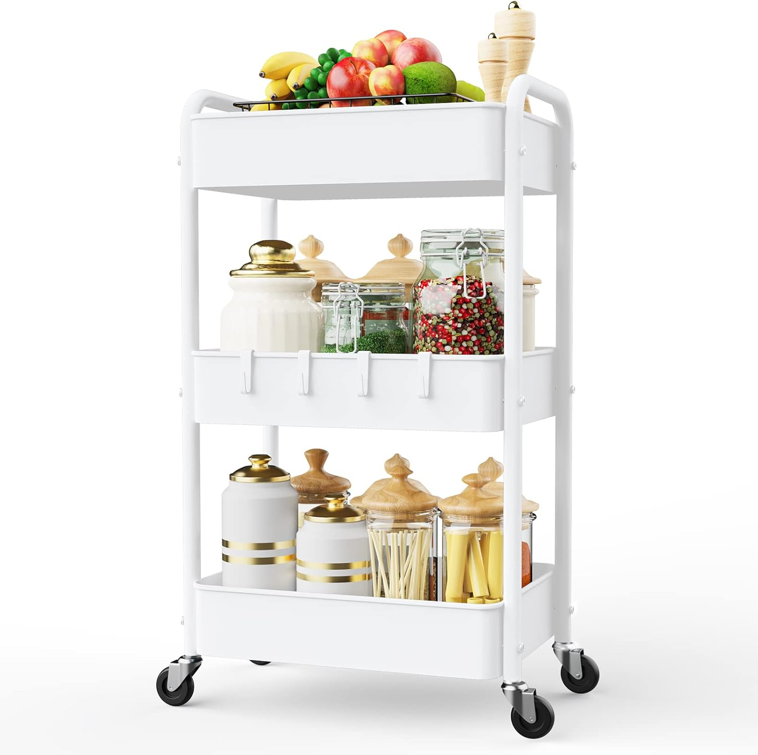 LEHOM 3 Tier Rolling Utility Cart, Metal Trolley Cart with Wheels, Hooks, Easy Assembly Organizer Storage Cart for Bathroom, Kitchen, Office, Bedroom(White)