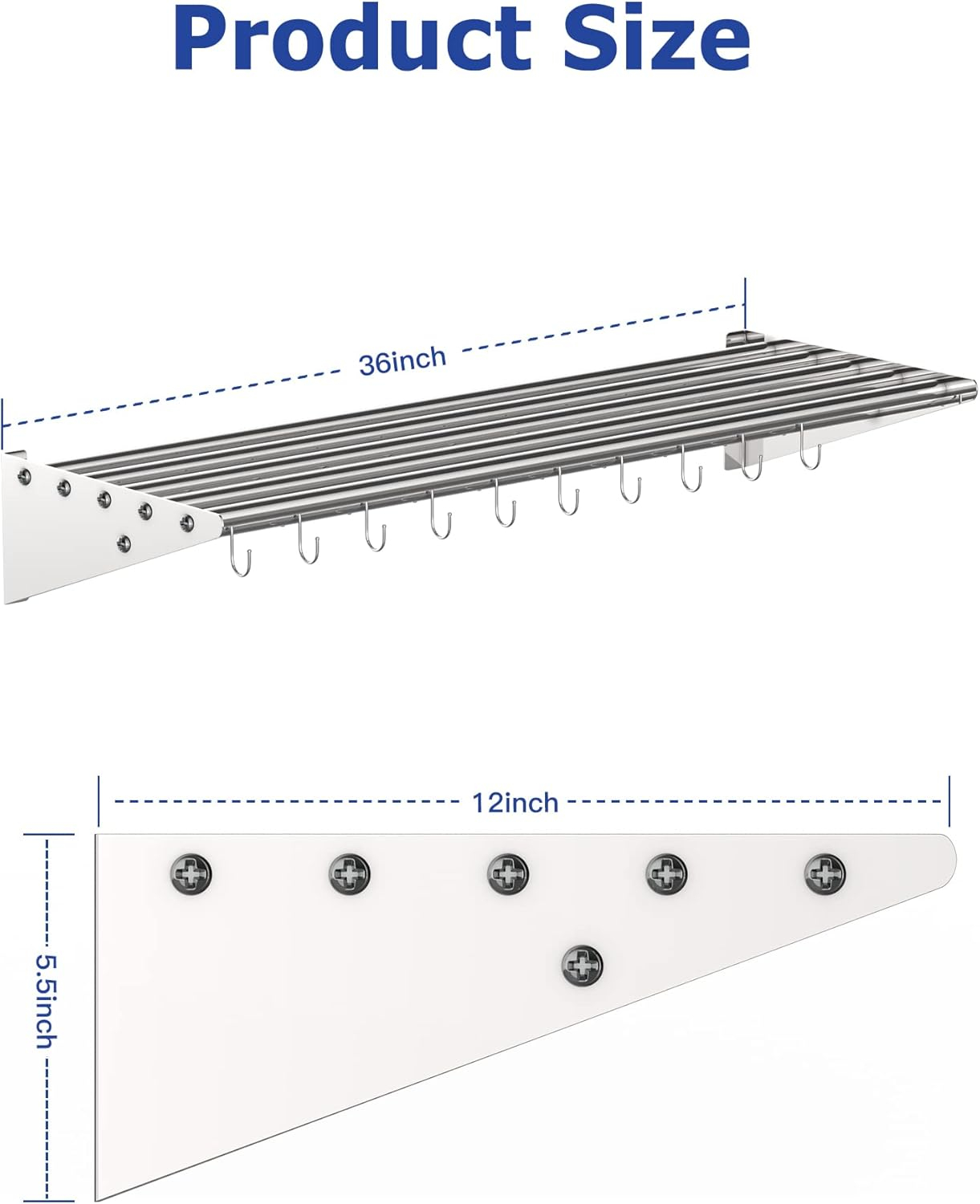 RIEDHOFF Metal Kitchen Rack for Storage and Organization, [NSF Certified] 12" x 36" Stainless Steel Wall Mount Shelf with 10 S Hooks for Hanging Pots, Pans, Cookware in Home and Restaurant