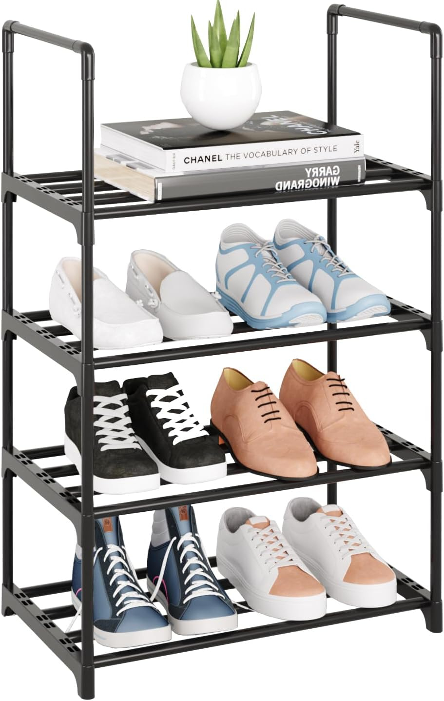 4 Tier Small Shoe Rack, Narrow Stackable Kids Toddler Adult Shoe Storage Organizer Shelf for Closet Floor Entryway Bedroom, Space Saver Shoe Rack Organization Shelves