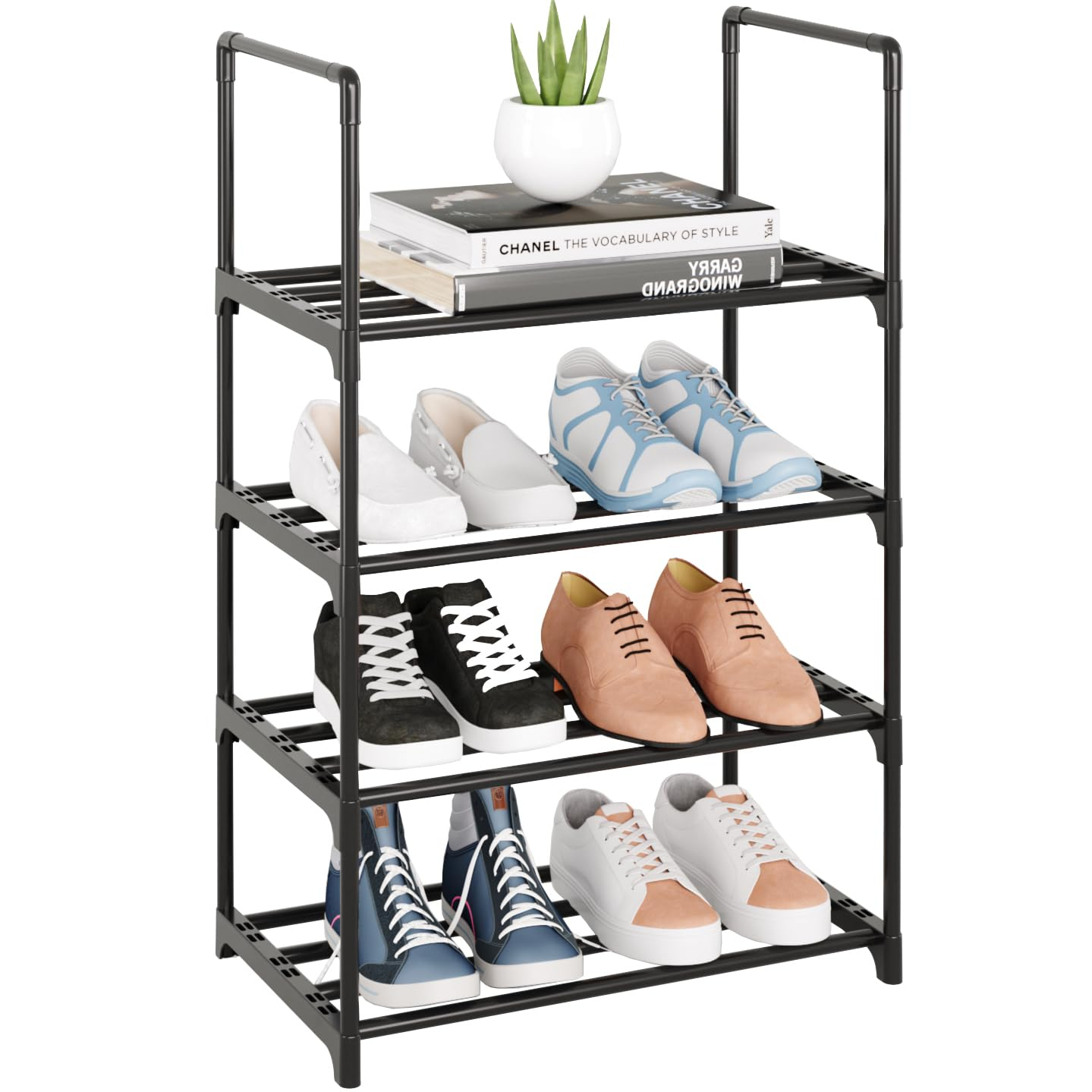 4 Tier Small Shoe Rack, Narrow Stackable Kids Toddler Adult Shoe Storage Organizer Shelf for Closet Floor Entryway Bedroom, Space Saver Shoe Rack Organization Shelves