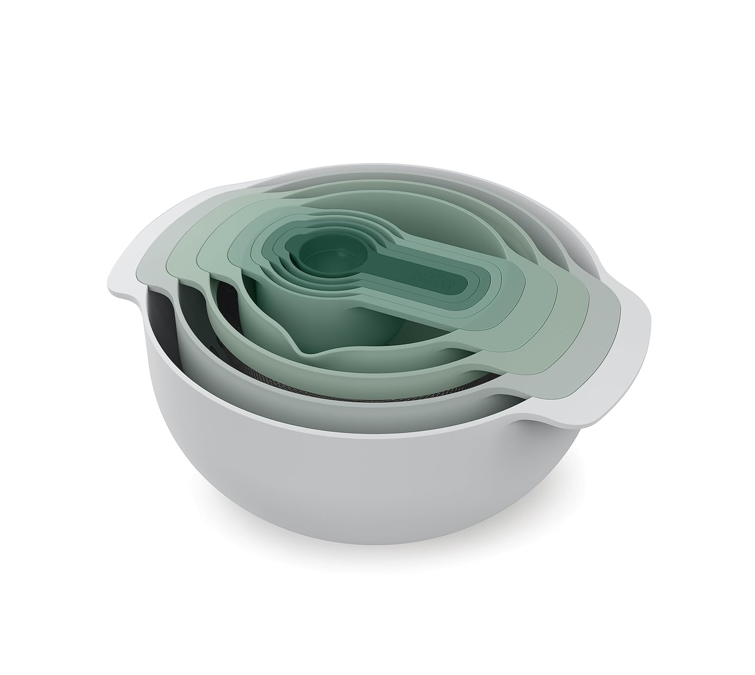 Joseph Joseph Nest 9 Plus, 9 Piece Compact Food Preparation Set with Mixing Bowls, Measuring cups, Sieve and Colander, Editions Range, Sage Green