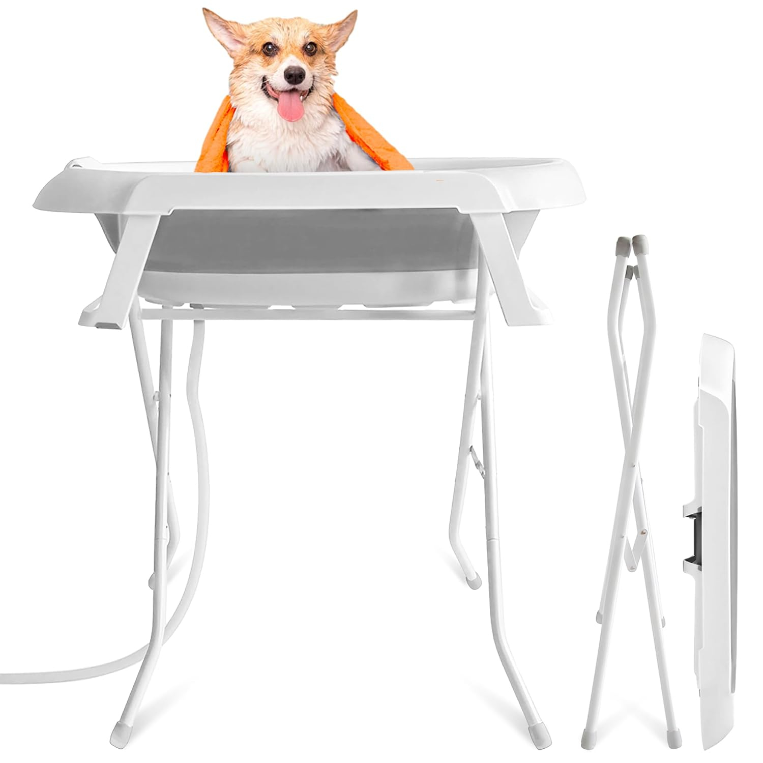 Dog Bathtub 2 in 1, 34 x 19 Inch Dog Washing Station Portable, Dog Bath for Shower and Grooming, Dog Tub for Medium Dogs, Cats, Indoor and Outdoor, White