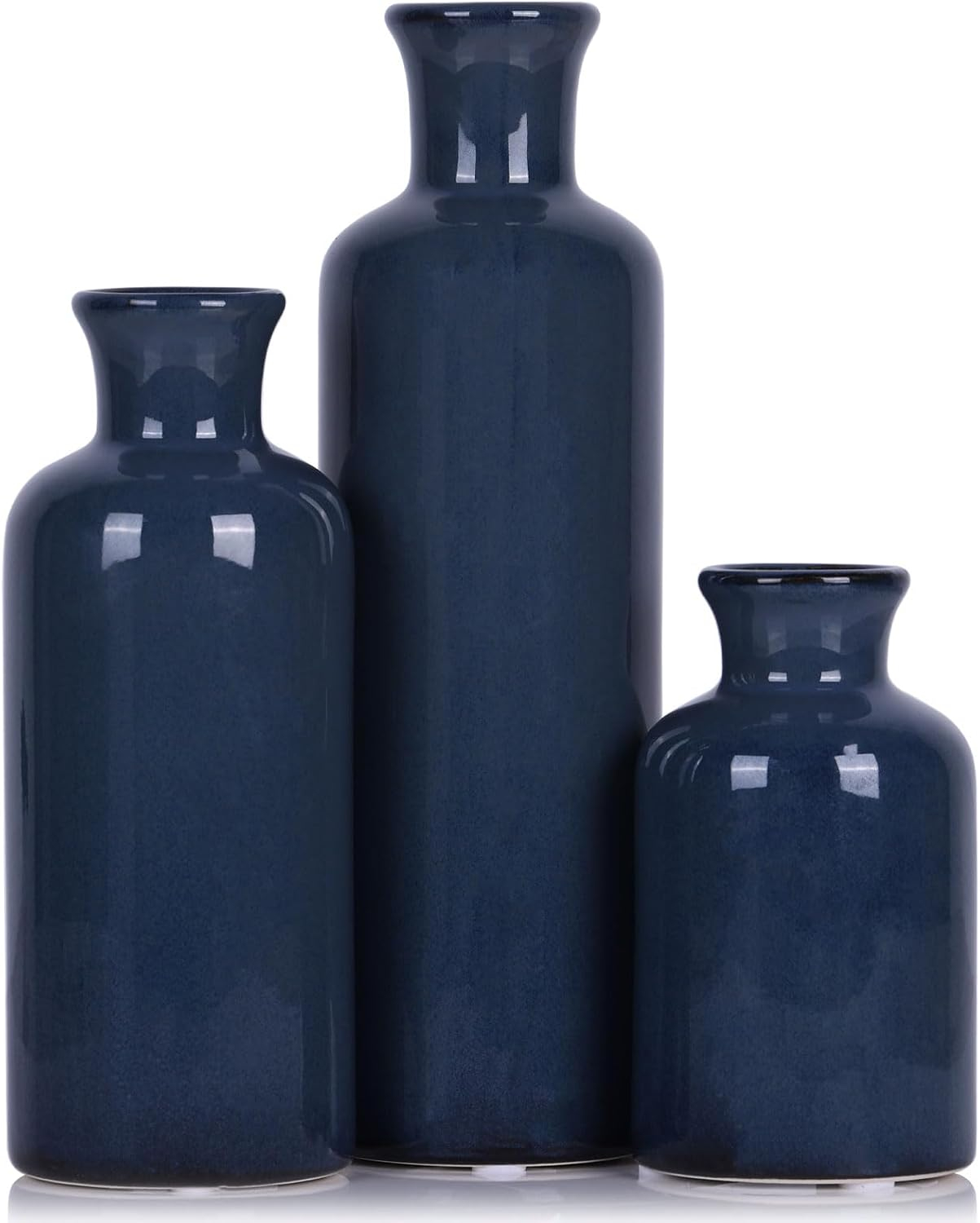 Blue Ceramic Vase Set for 3 - Modern Waterproof Small Vases, Farmhouse Country Home Decor, Living Room, Table, Fireplace, and Entrance Centerpieces