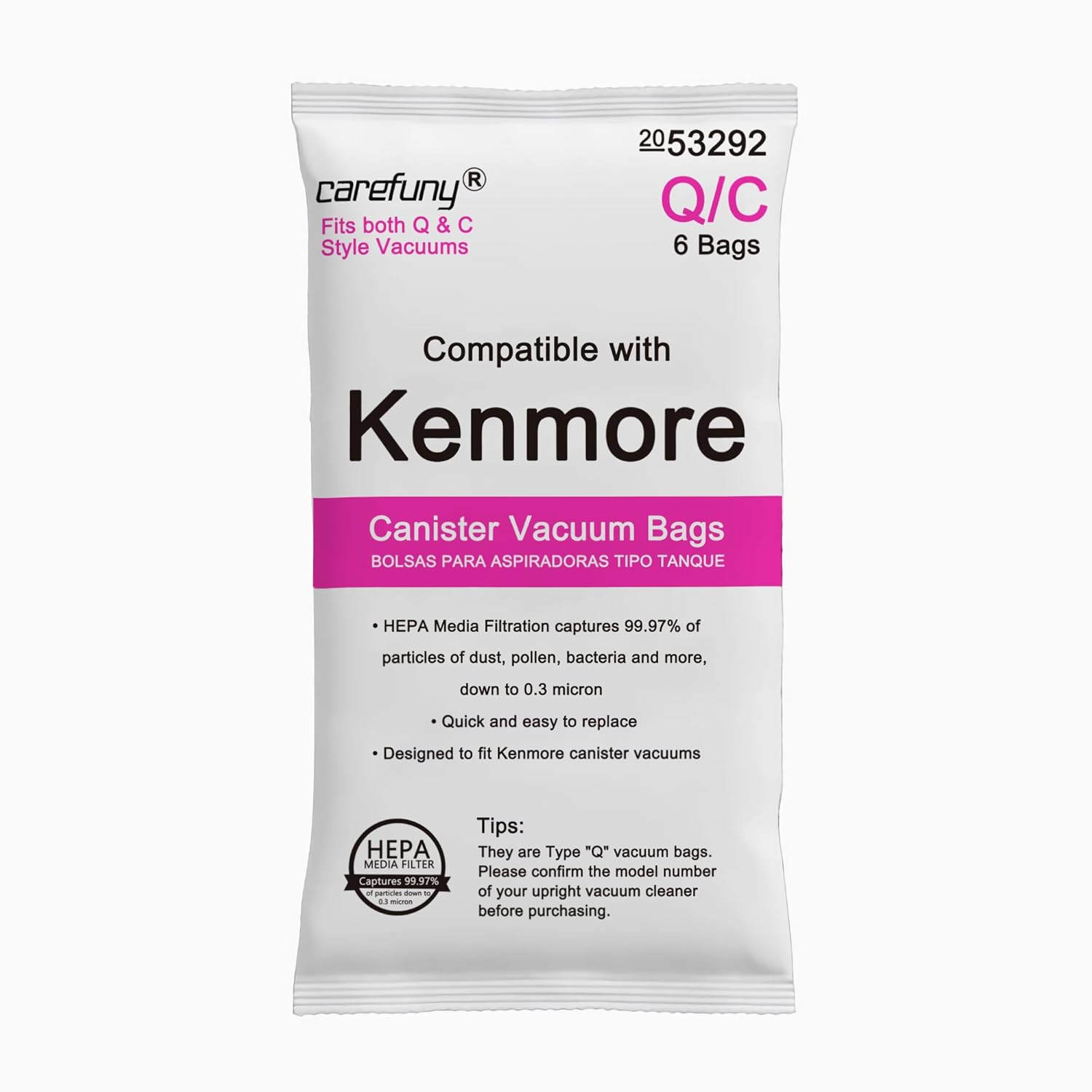 6 Pack Type Q HEPA Canister Vacuum Bags for Kenmore, 53292 Replacement Canister Vacuum Cleaner Bags for Kenmore 81214, 81414, 81614, 81615, 81714, 21814, BC7005, BC3005,BC2005