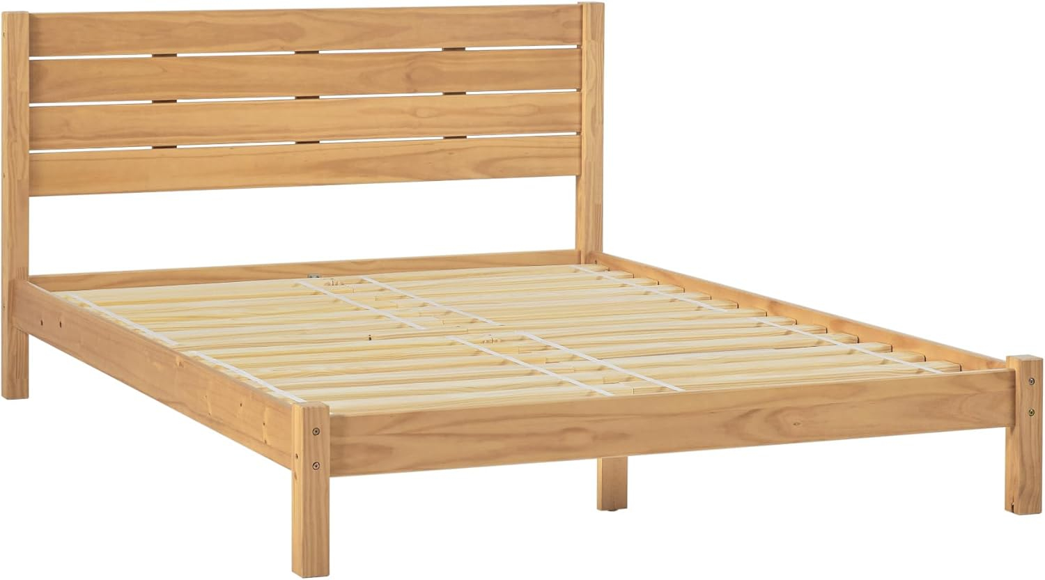 Solid Wood Minimalist Boho Queen Bed with Simple Headboard - Natural Pine