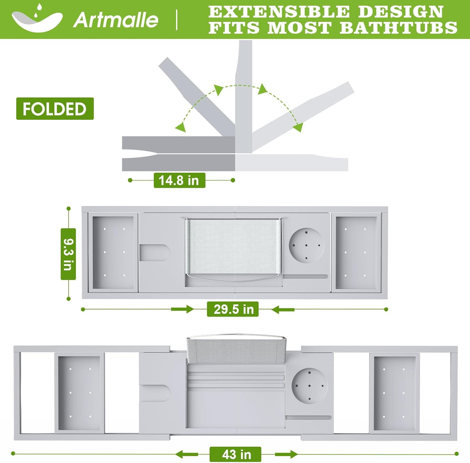 Artmalle Bathtub Tray Bath Caddy for Tub - Bamboo Adjustale Organizer Tray Bath Table for Bathroom, Foldable Luxury Tub Tray with Book Holder for Home Spa and Gift Choice, Gray