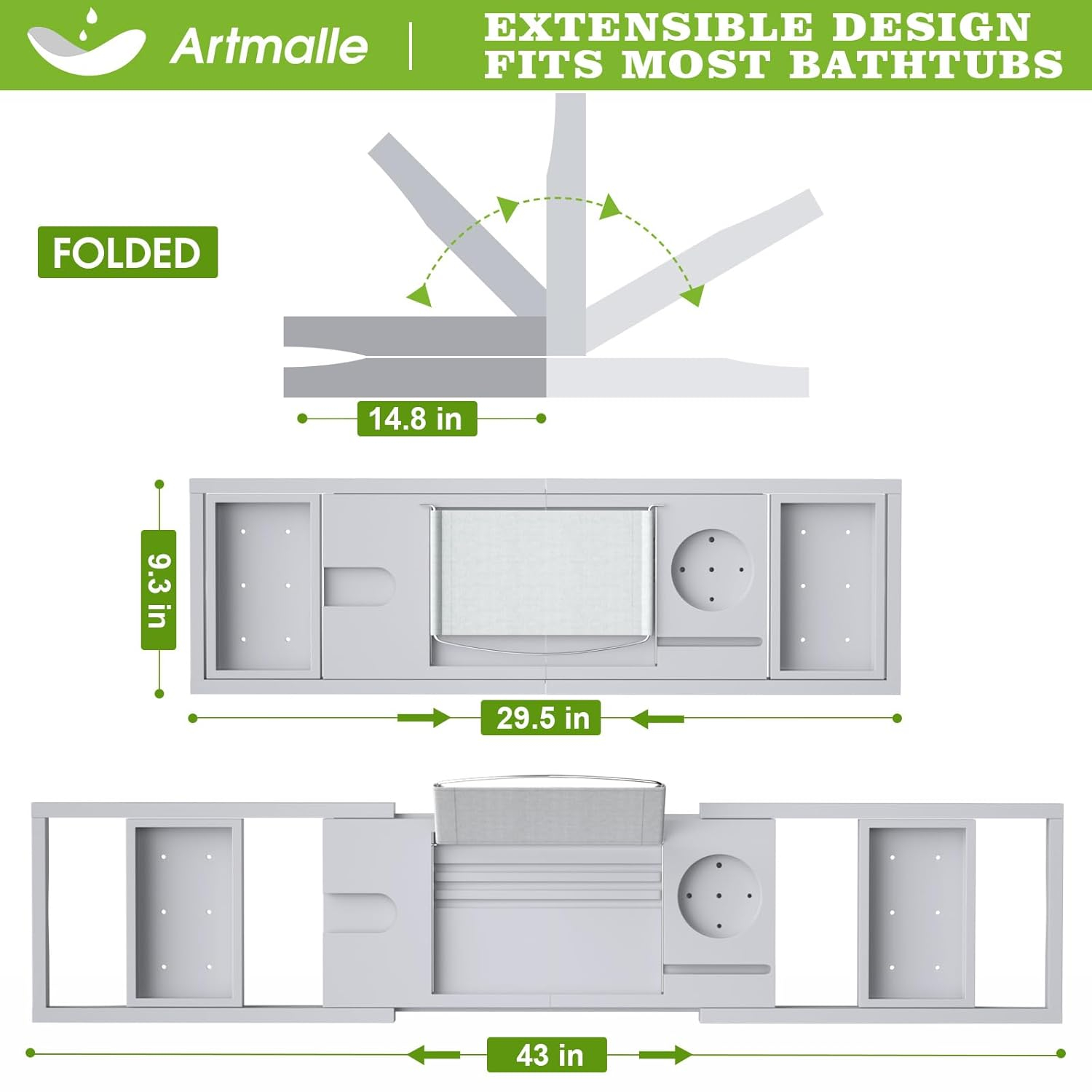 Artmalle Bathtub Tray Bath Caddy for Tub - Bamboo Adjustale Organizer Tray Bath Table for Bathroom, Foldable Luxury Tub Tray with Book Holder for Home Spa and Gift Choice, Gray