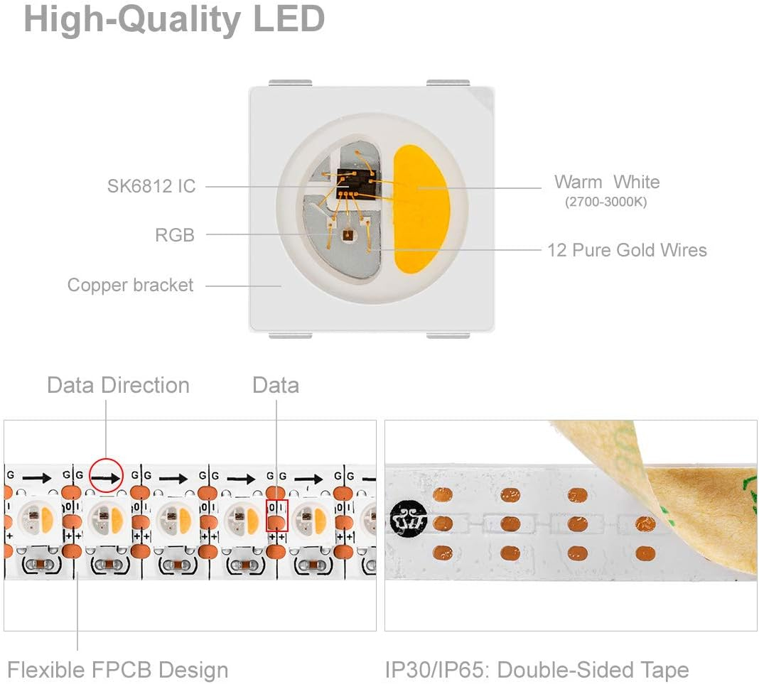 BTF-LIGHTING RGBW RGB+Warm White SK6812 (Similar WS2812B) 4 Colors in 1 LED Strip Individually Addressable 3.3ft 1m 144LED Light Flexible Dream Color IP30 DC5V White PCB (No Adapter or Controller)