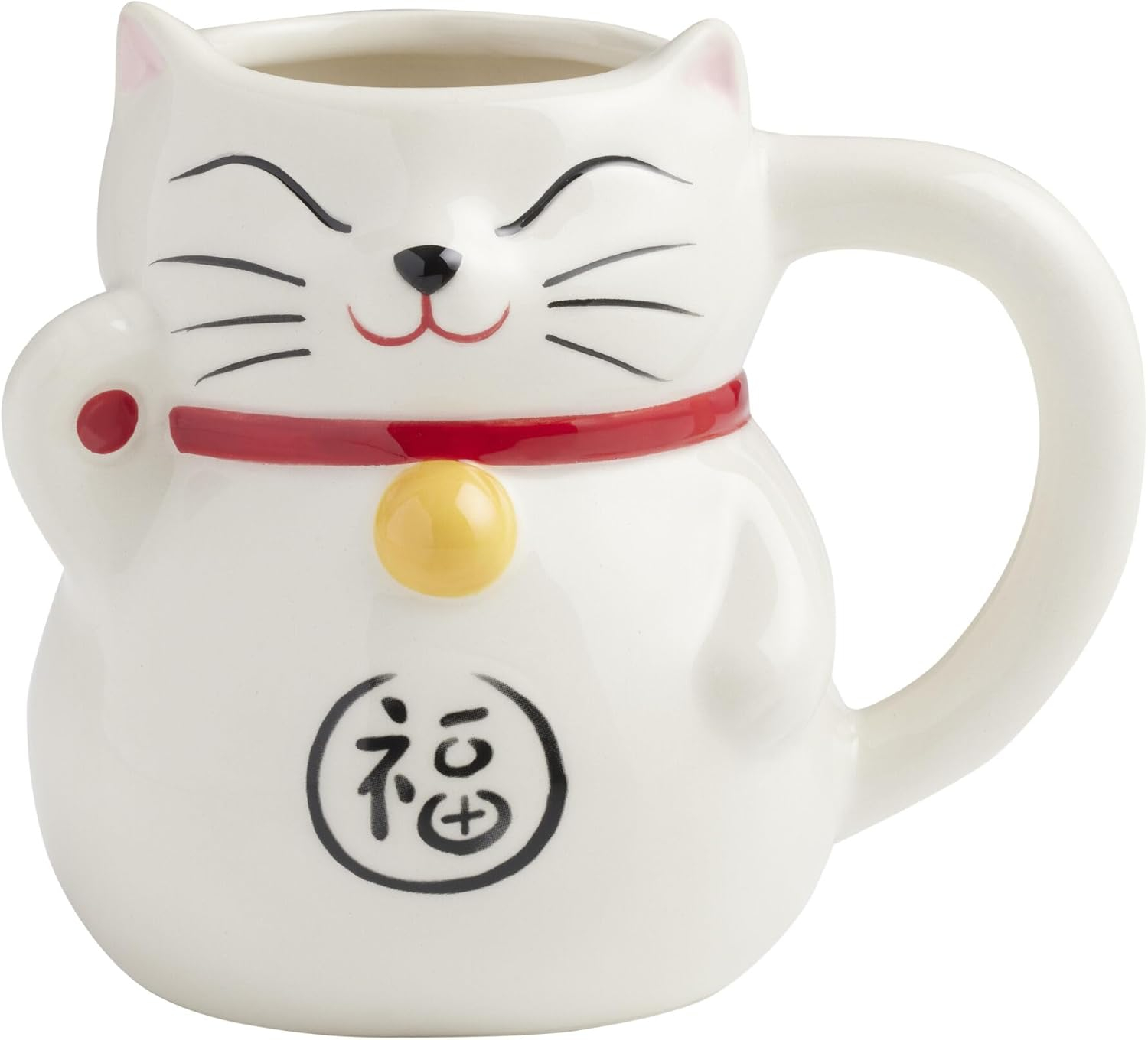 White Ceramic Lucky Cat Mug with Red Collar and Golden Bell