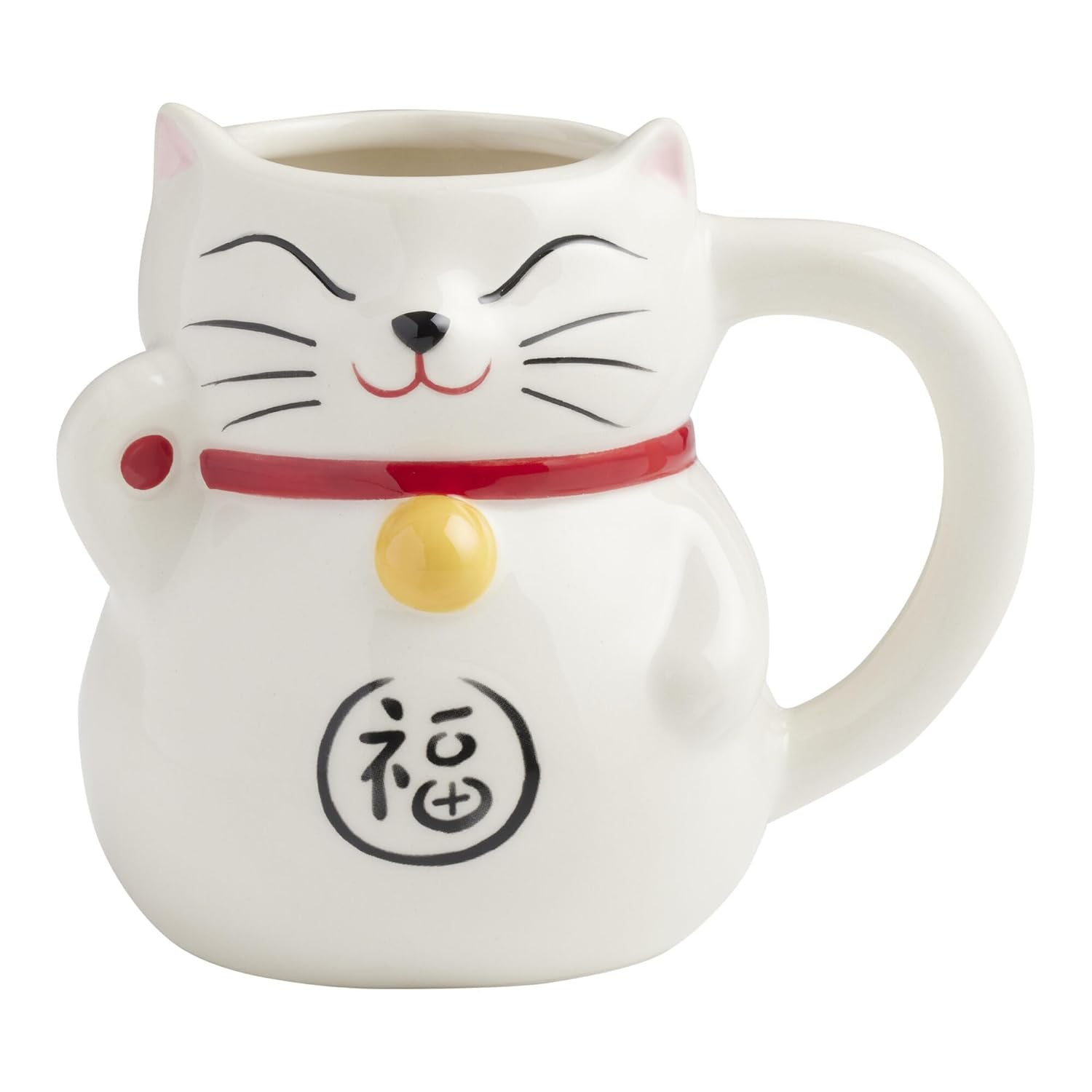 White Ceramic Lucky Cat Mug with Red Collar and Golden Bell