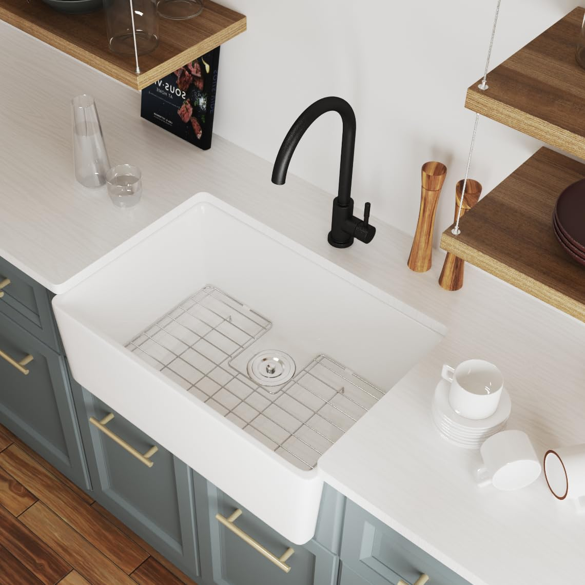 Deer Valley Fireclay Farmhouse Sink 24 Inch, White Undermount Kitchen Sink, Apron-Front Large Deep Single Bowl with Bottom Grid & Strainer