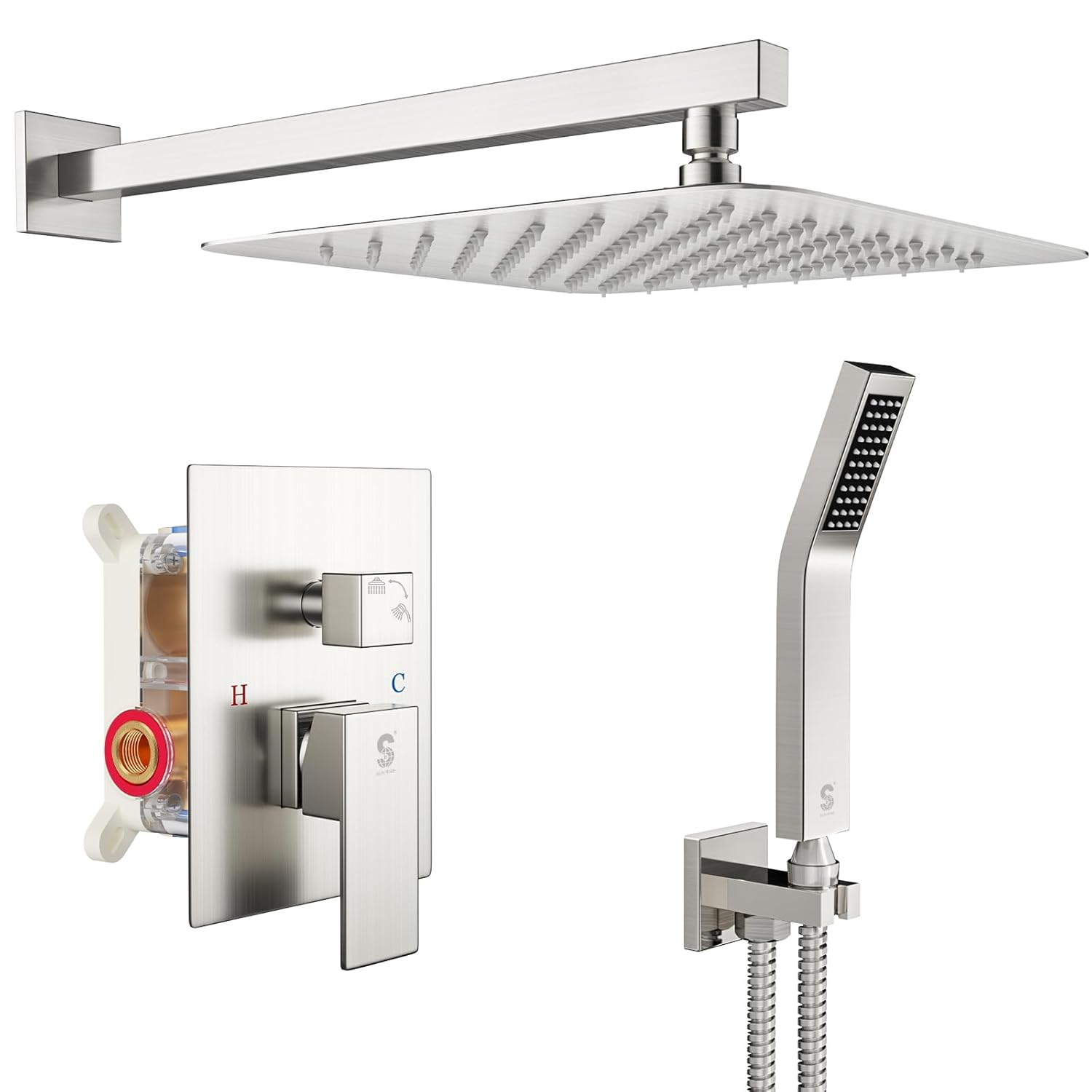 SR SUN RISE 12 Inch Ceiling Mount Brushed Nickel Shower System Bathroom Luxury Rain Mixer Shower Combo Set Ceiling Rainfall Shower Head System Faucet Trim Repair Kits with Rough-in Valve and Trim