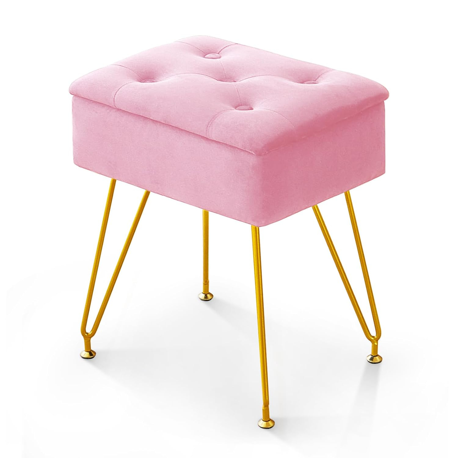 Vanity Stool Chair with Storage, Square Velvet Makeup Vanity Chair with Metal Legs & Adjustable Gold Feet, Flip Top Ottoman Foot Rest with Soft Padded Seat for Bedroom Living Room, Black