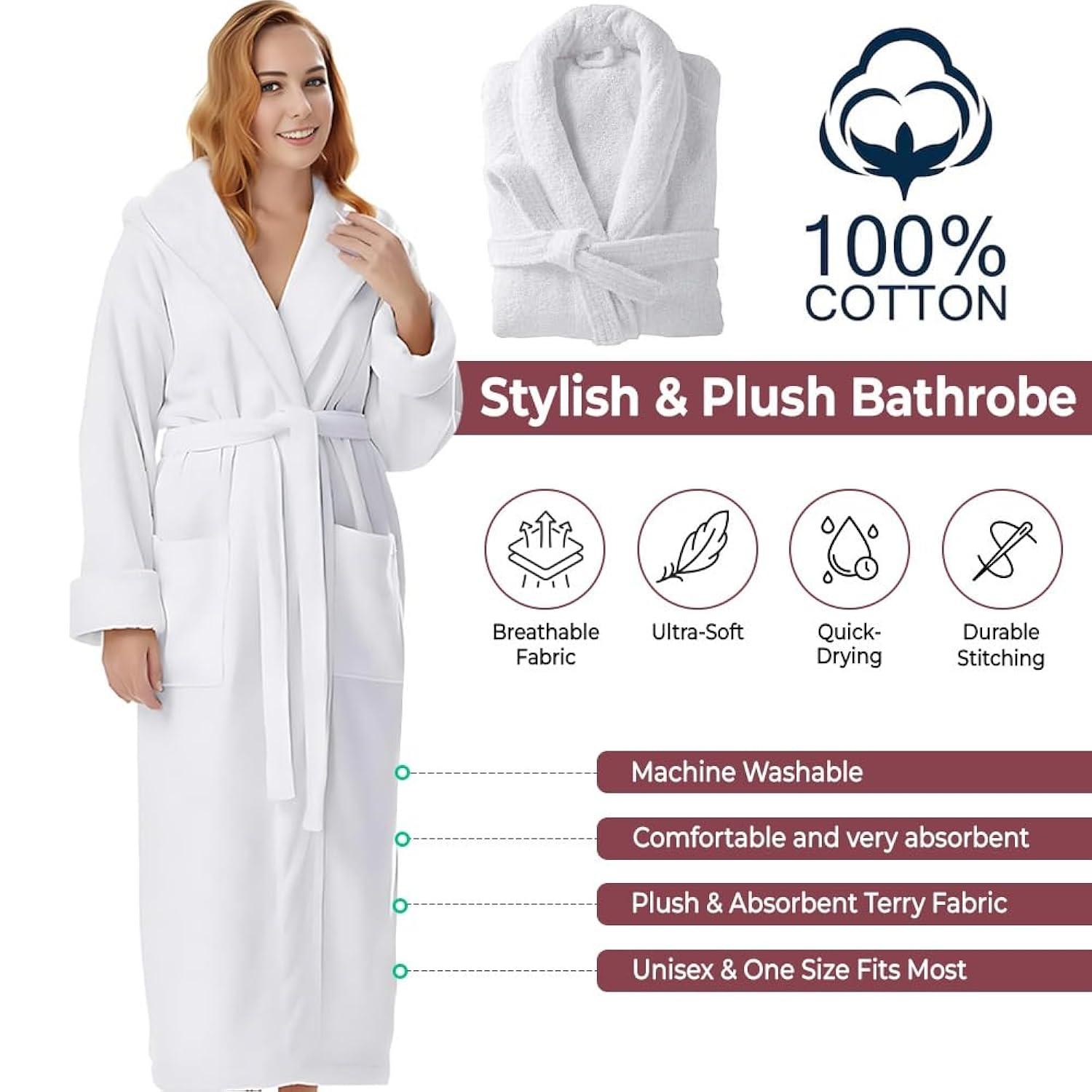 White Cotton Terry Shawl Collar Unisex Bathrobe