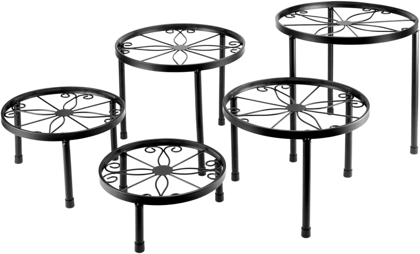 QWORK 5-Pack Metal Plant Stands, Black, Versatile Indoor and Outdoor Display with Rustproof Coating, Up to 130 lbs