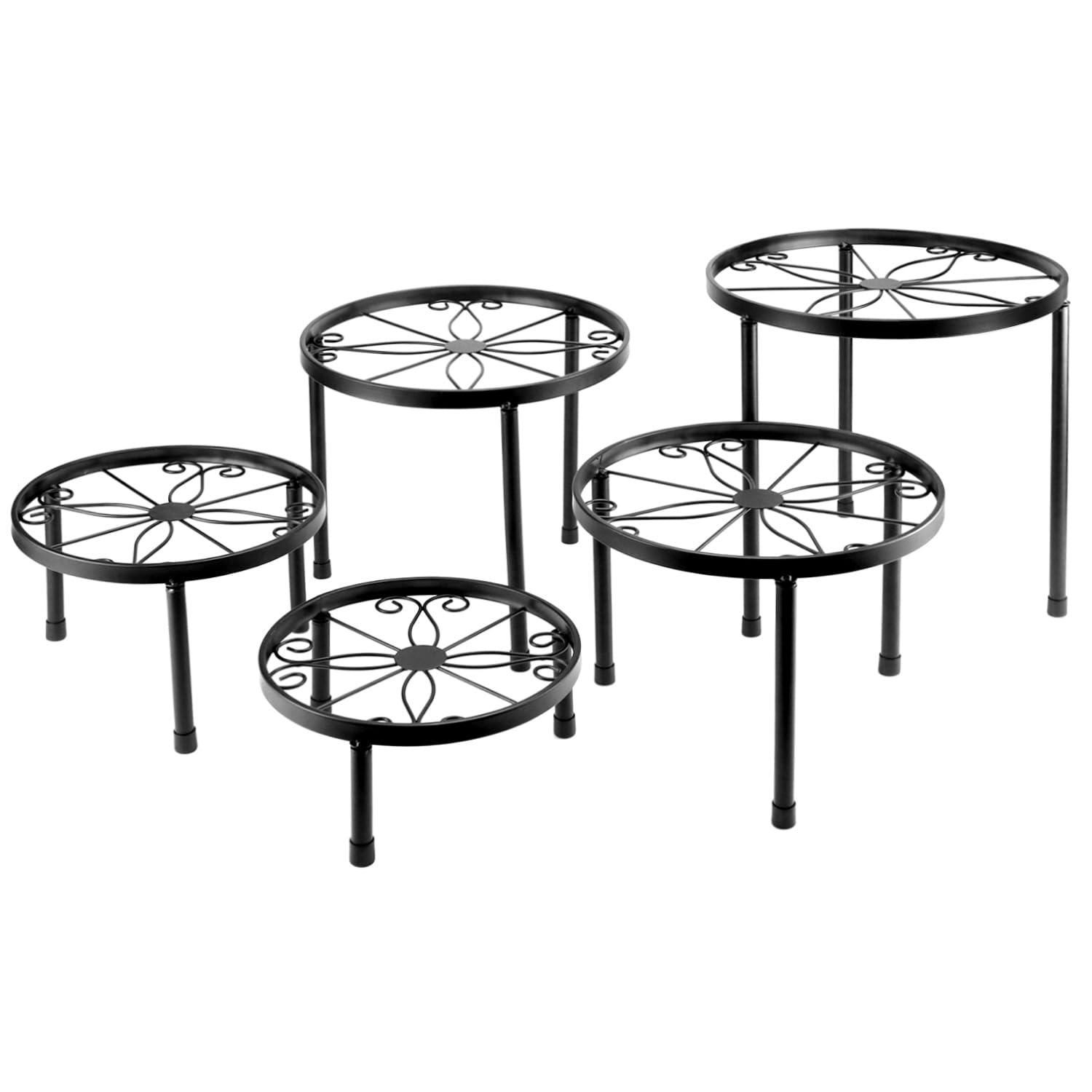 QWORK 5-Pack Metal Plant Stands, Black, Versatile Indoor and Outdoor Display with Rustproof Coating, Up to 130 lbs