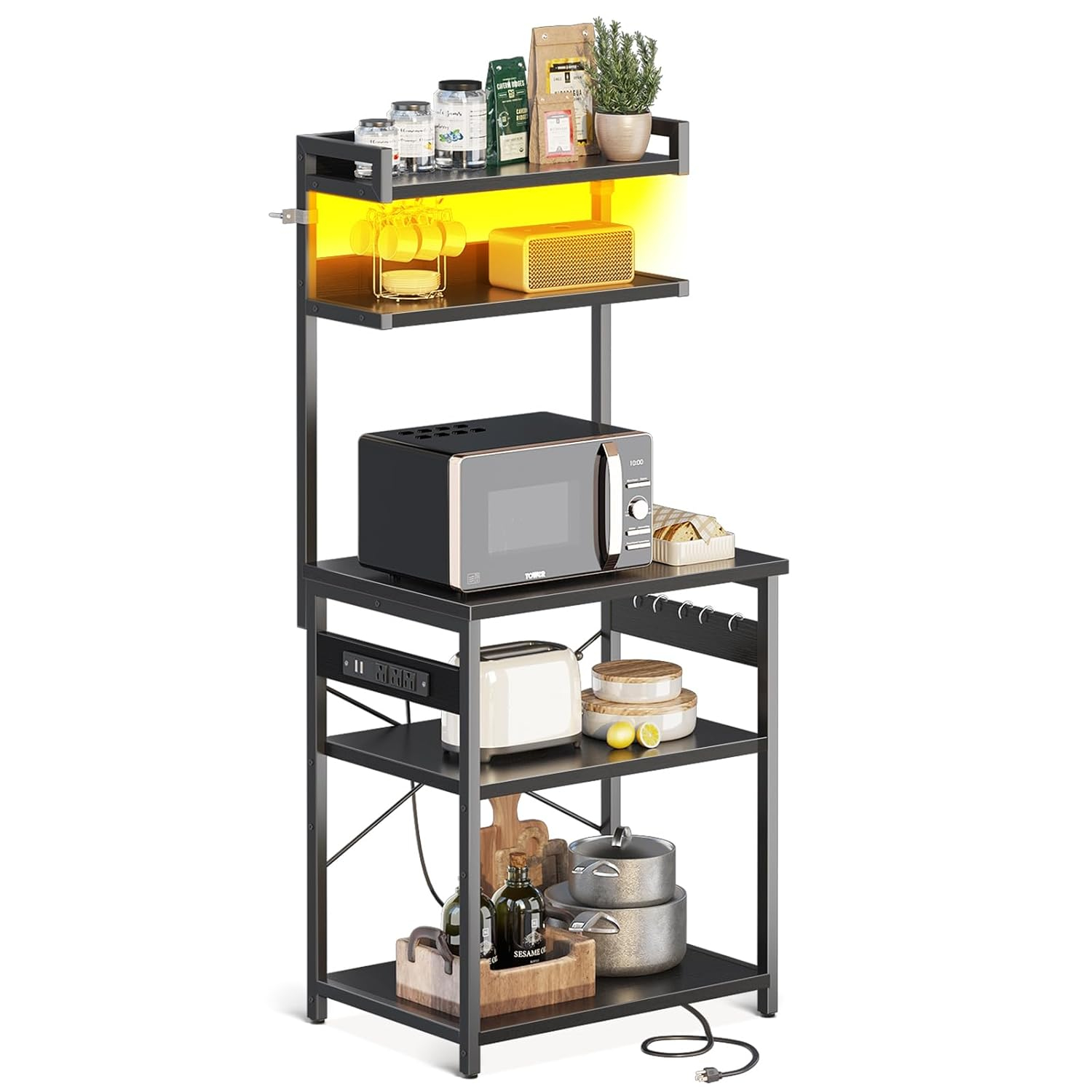 ODK Bakers Rack with Power Outlet, Coffee Bar with Storage 5-Tiers, Microwave Stand Kitchen rack 16.5 * 23.6 * 59 inches, Kitchen Shelf, Black