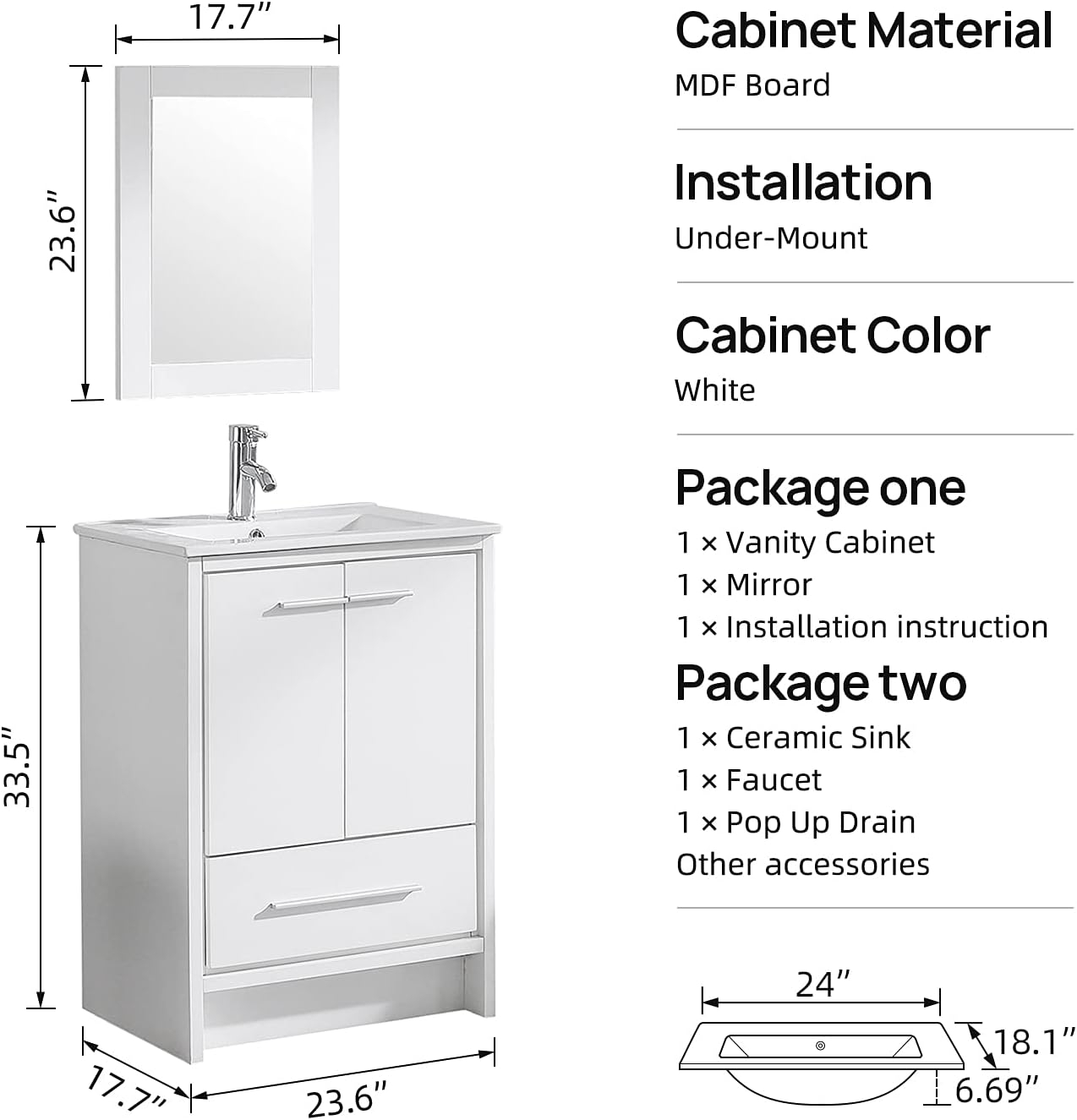 24 Inch Bathroom Vanity with Sink, Single Sink Bathroom Vanity, Modern Small Bathroom Vanity Cabinet with Mirror Sink Drain Faucet Set, White