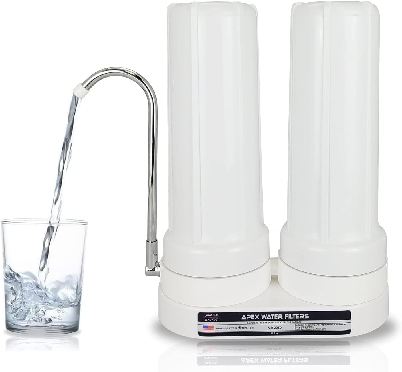 APEX EXPRT MR-2050 Dual Countertop Water Filter - Carbon and Mineral pH Alkaline, Easy Install Faucet - Reduces Heavy Metals, Bad Taste and Up to 99% of Chlorine (White)