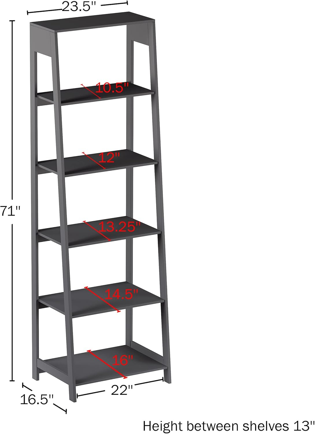 Alaterre Furniture 5-Tier Ladder Bookshelf - Leaning Decorative Shelves for Display - Wood Shelf for Living Room, Bathroom, and Kitchen Storage (Gray)