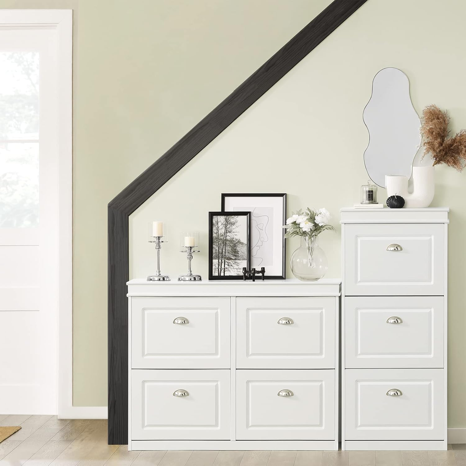 Haotian White Shoe Cabinet with 4 Flip Drawers, Large Freestanding Shoe Rack, Modern Shoe Organizer for Entryway, Hallway, Entance FSR79-W