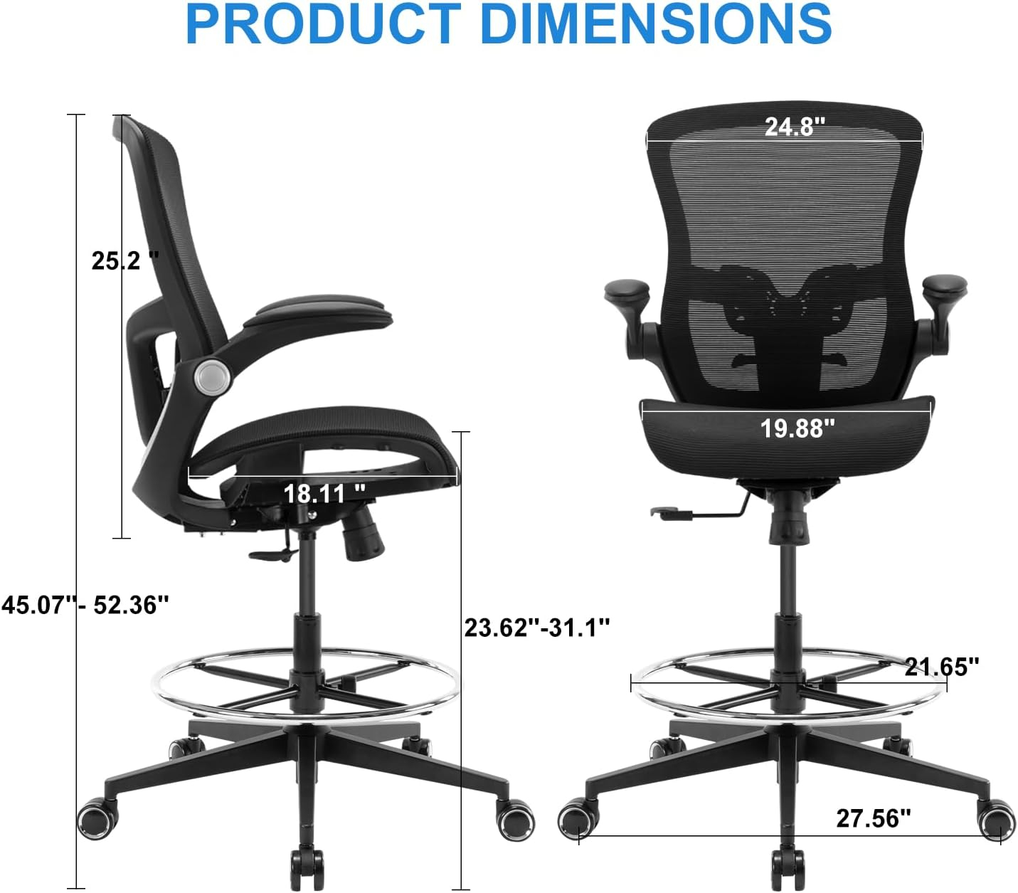 Office Drafting Chair,Ergonomic Tall Office Desk Chair,Adjustable Standing Desk Stool Chair,Executive Computer Chair with Footrest Ring and Lumbar Support (Black)