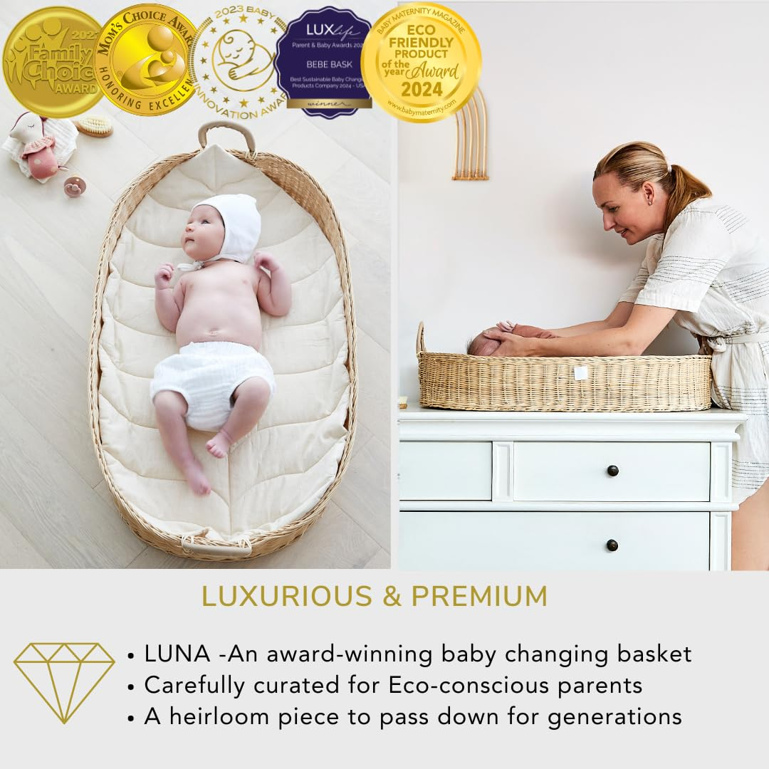 Premium Baby Changing Basket - Artisan-Crafted Rattan with Extra High Sides - Wicker Changing Basket for Baby Dresser - All Accessories Included - Complete Set for Nursery (Rattan)