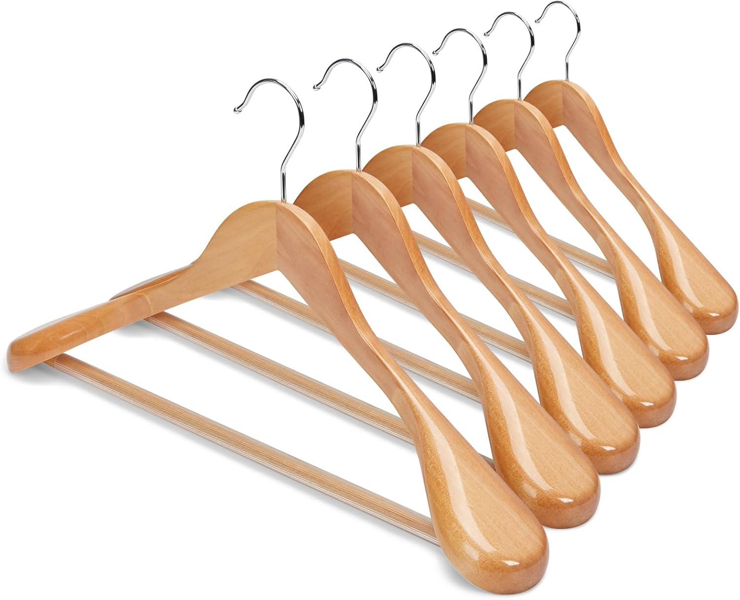 TOPIA HANGER Wide Shoulder Wooden Hangers, Suit Hangers with Non Slip Pants Bar & 360° Swivel Hook, Solid Wood Heavy Duty Coat Hanger, 6 Pack (Natural)-CT02NA