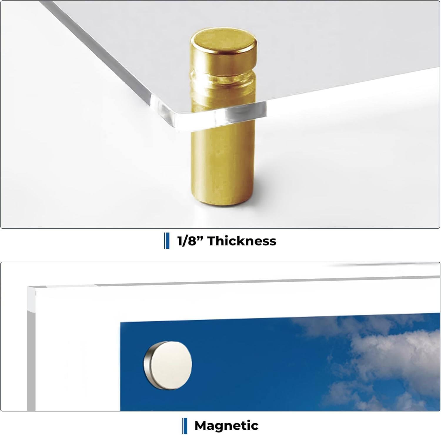 Acrylic Floating Frame 27x39, for Photo up to 24x36 inches - Gold Wall mount standoffs with Magnets
