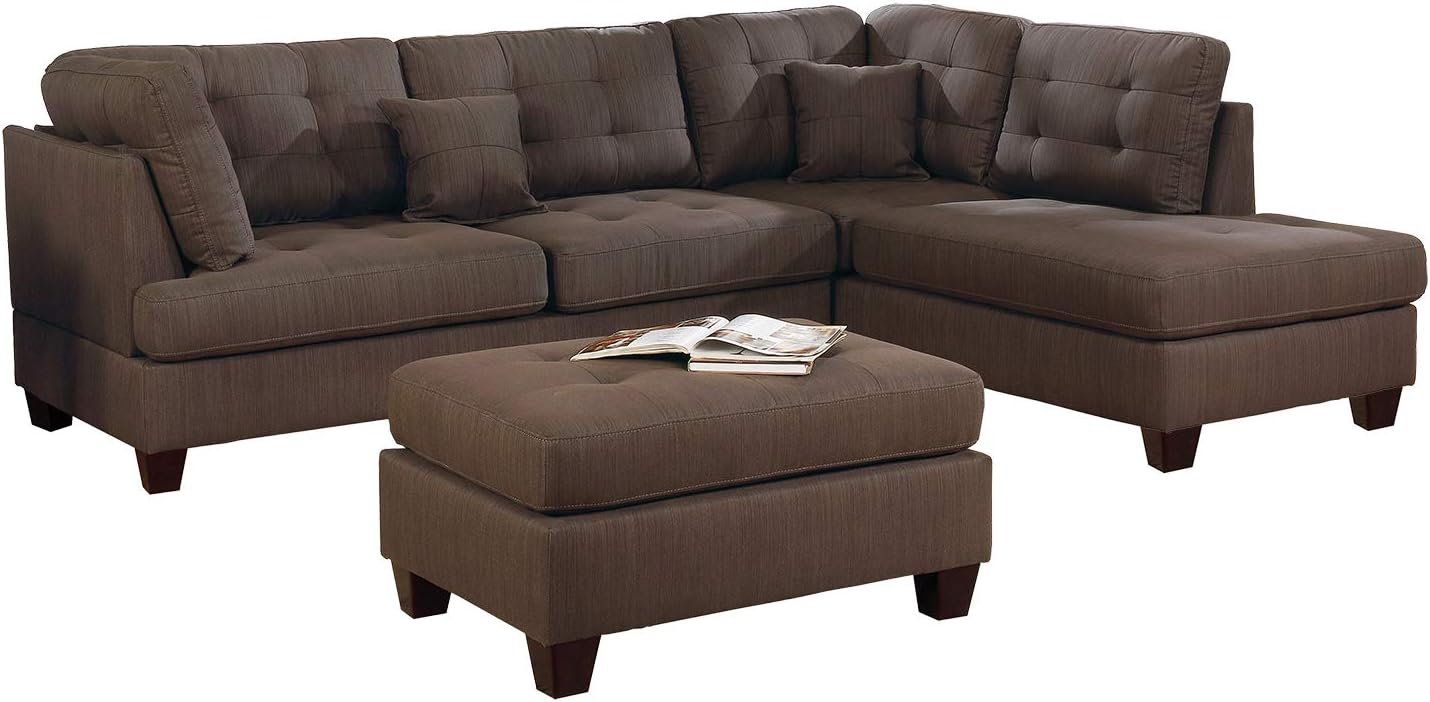 Poundex Fabric 3 Piece Sectional Sofa Set with Ottoman in Black Coffee