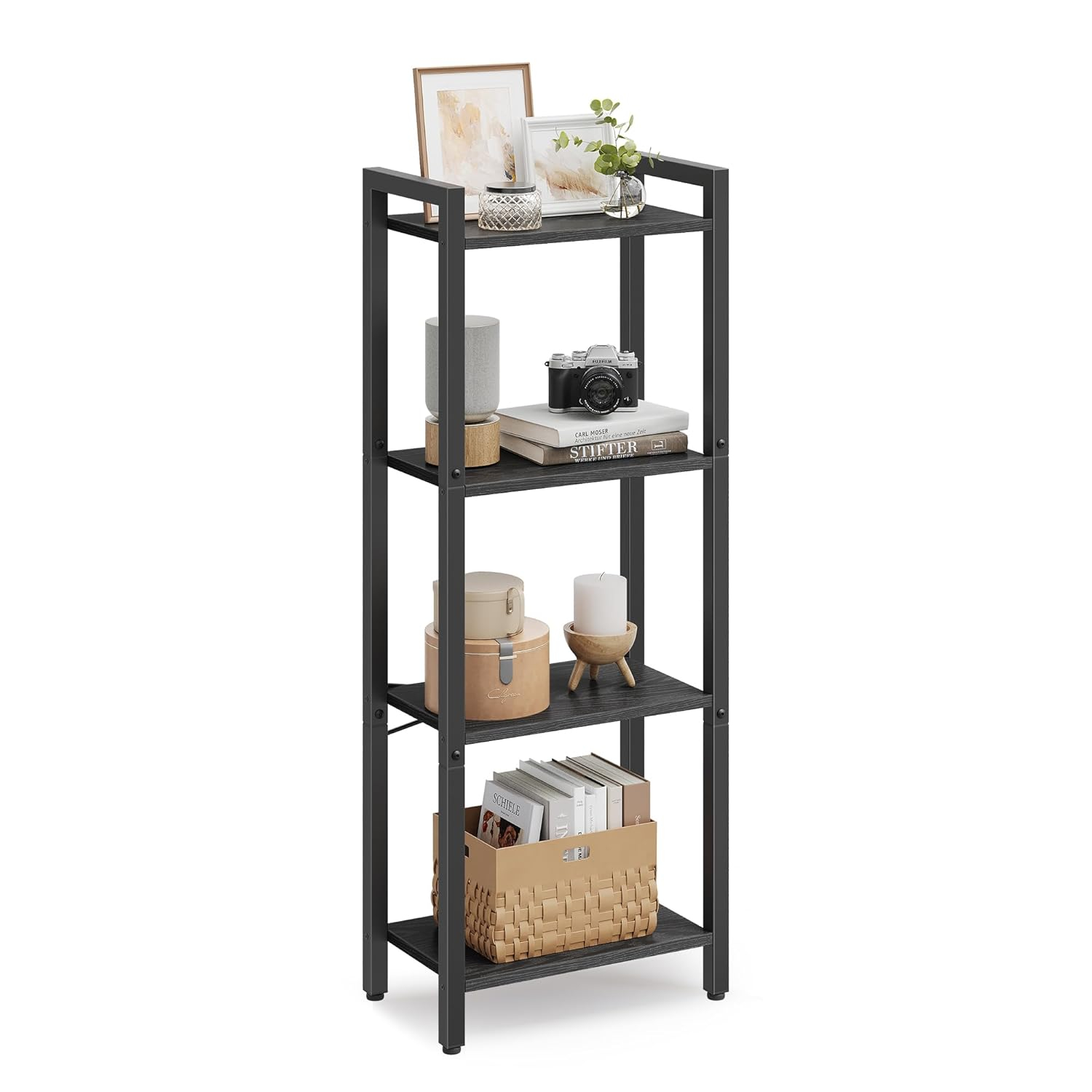 4-Tier Tall Bookshelf, Bookcase with Steel Frame, Book Shelf for Living Room, Home Office, Study, 9.4 x 15.7 x 42.1 Inches, Industrial Style, Ebony Black and Black ULLS099B56