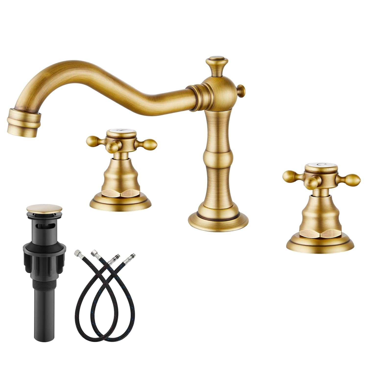 gotonovo Bathroom Faucet 3 Hole 8 Inch Widespread Bathroom Sink Faucet 2 Cross Handles Vintage Lavatory Vanity Mixer Tap with Pop Up Drain, H C Label, Antique Brass