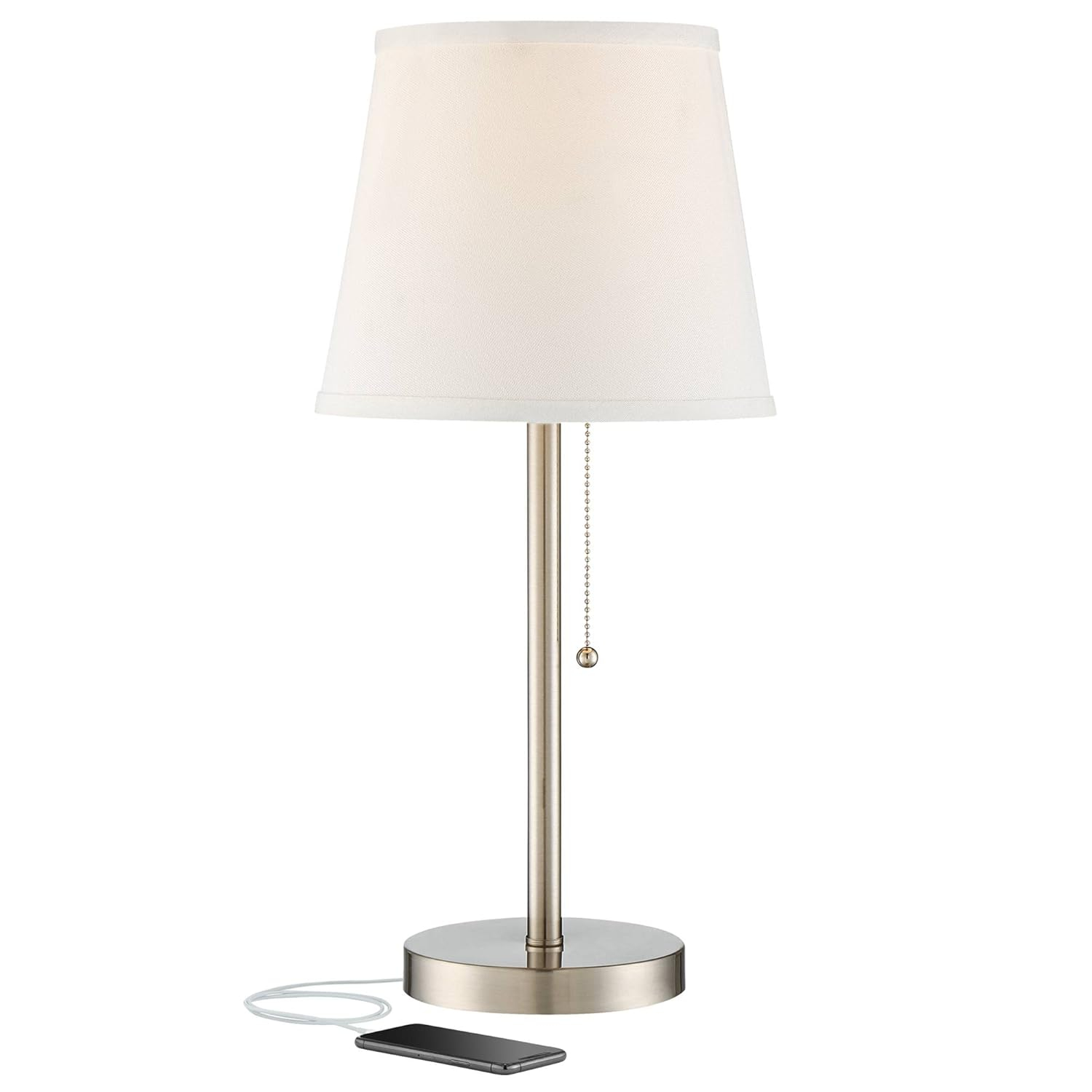 Brushed Nickel Table Lamp with USB and White Shade