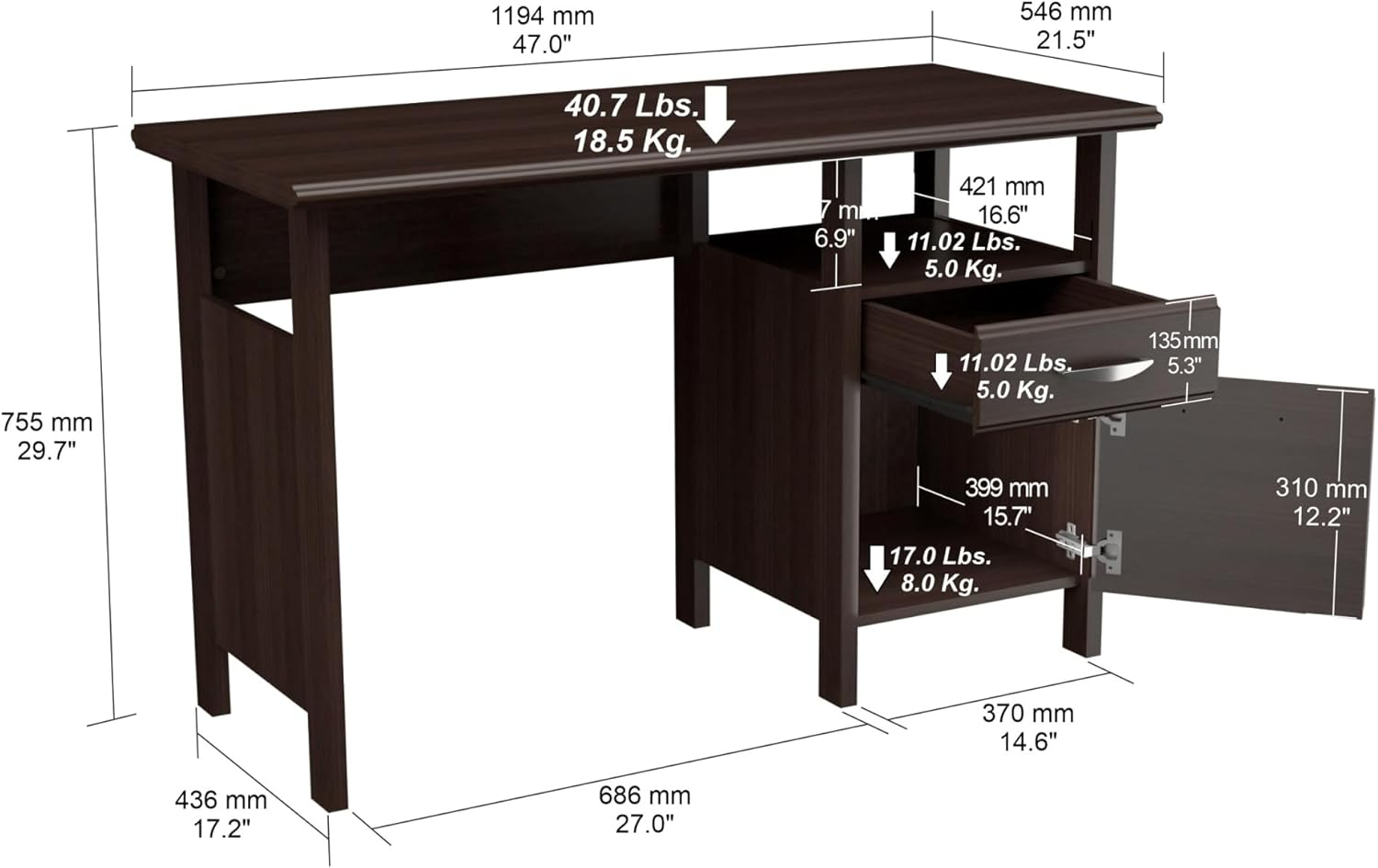 Inval 1-Drawer Writing Desk with Cabinet in Espresso