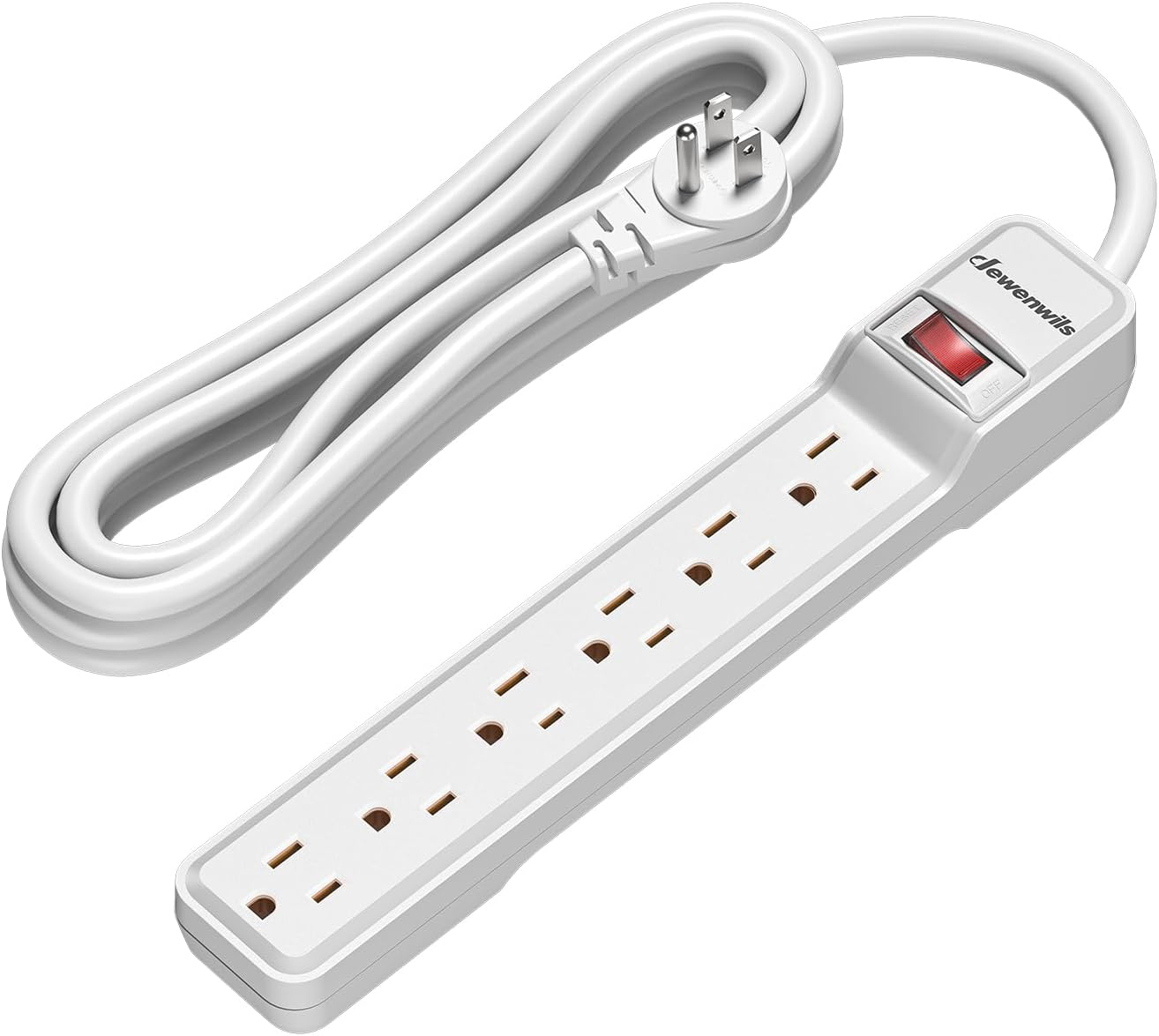 DEWENWILS 6-Outlet Power Strip Surge Protector, 15ft. Extra Long Extension Cord, 500 Joules, Flat Plug, White