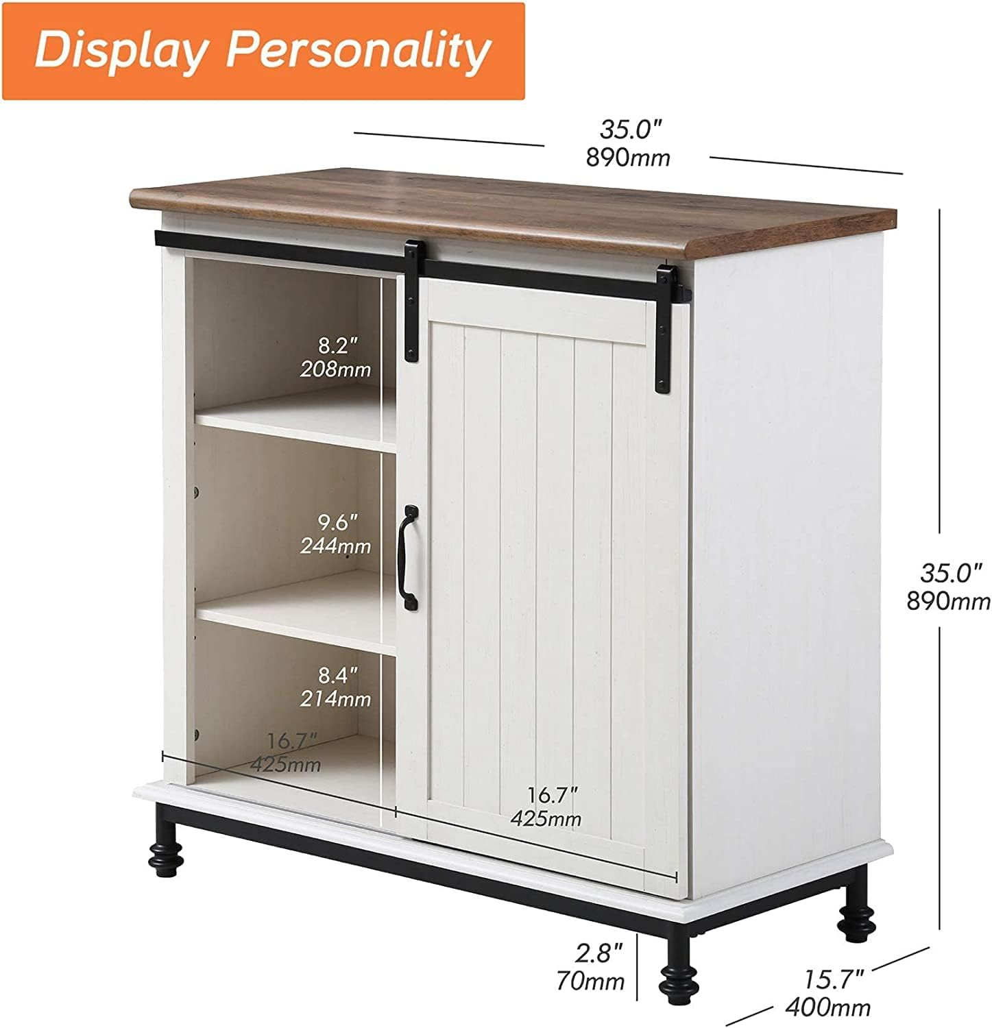 WAMPAT Farmhouse Coffee Bar Cabinet with Sliding Barn Door, Wood Sideboard Buffet Cabinet with Adjustable Shelf & Metal Leg, Kitchen Cabinet for Dining Room, Living Room, White, 35 Inch