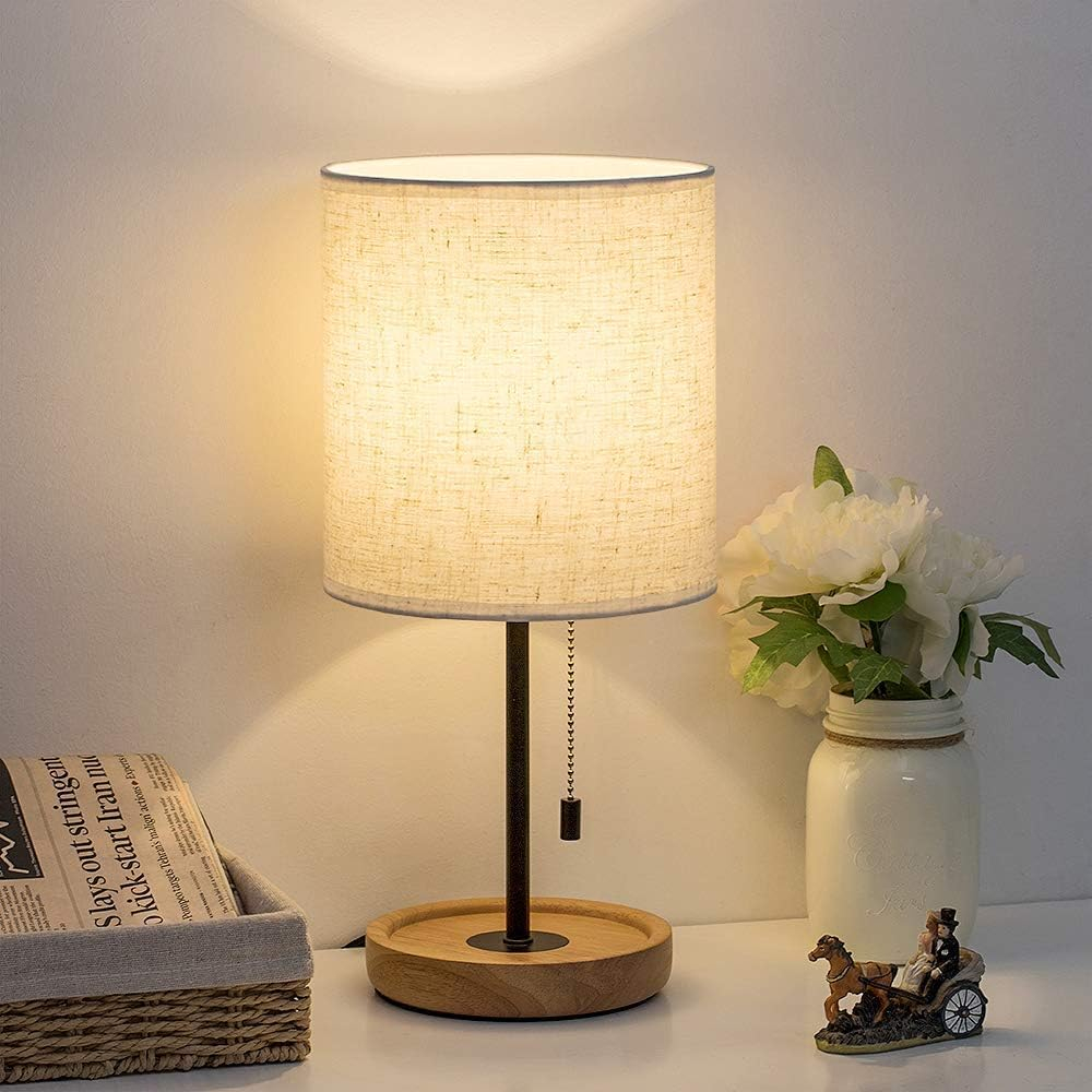 Contemporary Desk Lamp with Metal Frame, Wooden Base, Pull Chain Switch