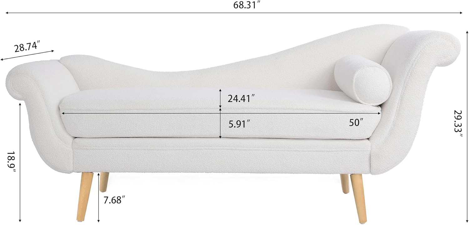 Chaise Lounge Chair Indoor Velvet Upholstered, Modern Sled Base Design with Sturdy Birch Legs, Ergonomic Curved Lumbar Pillow for Living Room, Bedroom, Home Office (White)