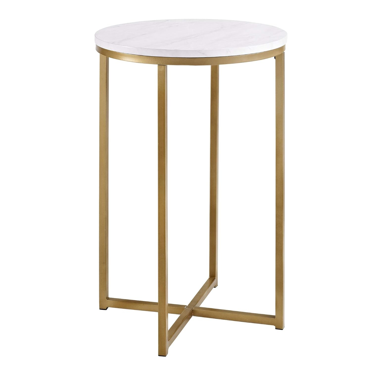Walker Edison Cora Modern Faux Marble Round Accent Table with X Base, 2 pack, Marble and Gold