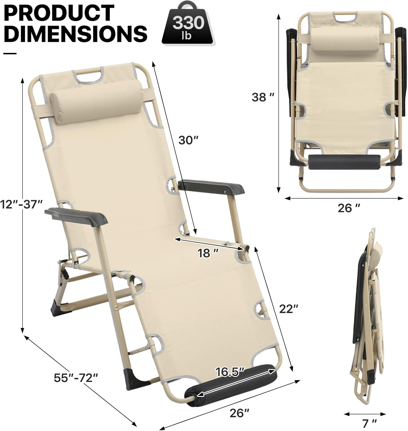 MoNiBloom Lounge Chair with Adjustable Headrest and Foot Pads, Outdoor Foldable Recliner, Folding Reclining Lounger for Adults, Support 330lbs, Cream