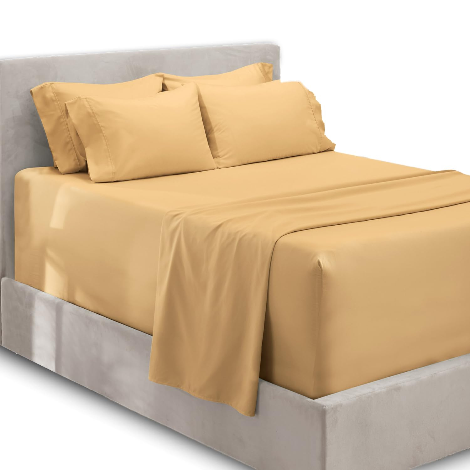 Extra Deep Pocket 4 Piece Bed Sheet Set – Super Deep Fitted Sheet Fits Mattress from 18-24 inces Depth – Double Brushed Microfiber Sheets with 2 Pillow Cases, Twin, Camel