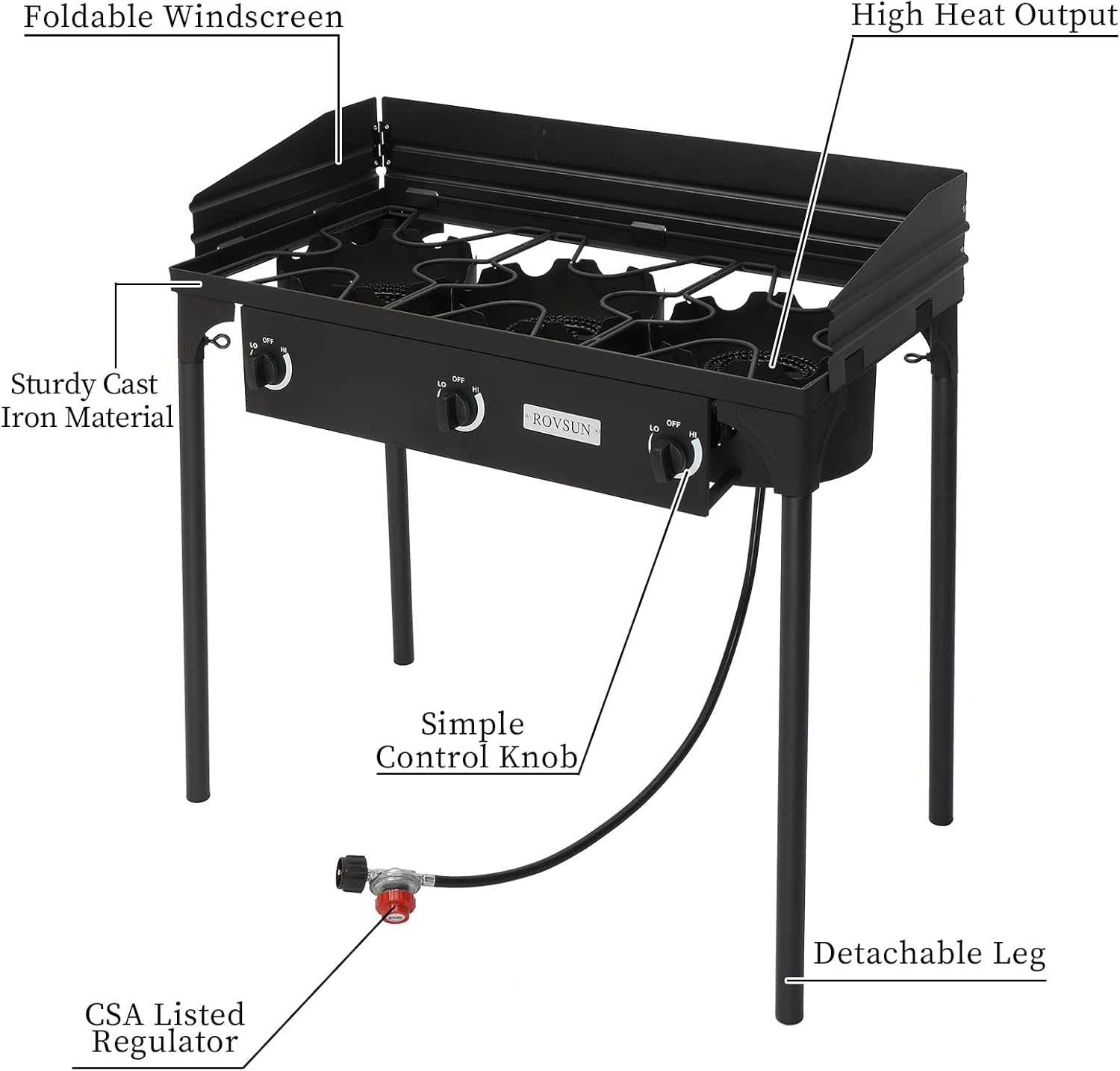 Bonnlo 3-Burner Outdoor Portable Propane Burner Stove 225,000-BTU Gas Cooker with Windscreen & Carrying Bag, Heavy Duty Iron Cast Patio Burner with Detachable Stand Legs for Camp Cooking