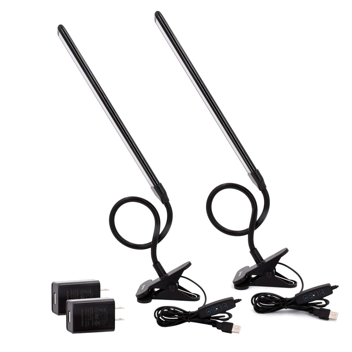 Clamp on Lamp, Clip Light, Desk Lamps with 3 Color Temperature Settings, 10 Brightness Levels, 2m USB Cord Power Supply and AC Adapter Included, Pack of 2 (Black)