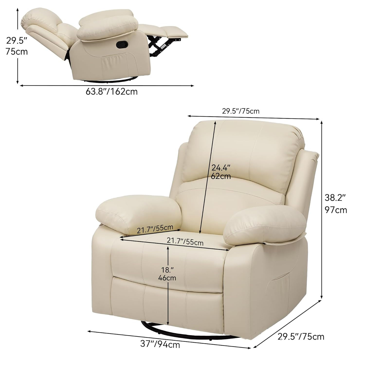 YITAHOME Oversized Rocker Recliner Chair with Heat and Massage, Lazy Boy Recliner with Overstuffed Armrest, Rocking Function and Side Pocket, Faux Leather Manual Reclining Chair for Living Room,Biege2