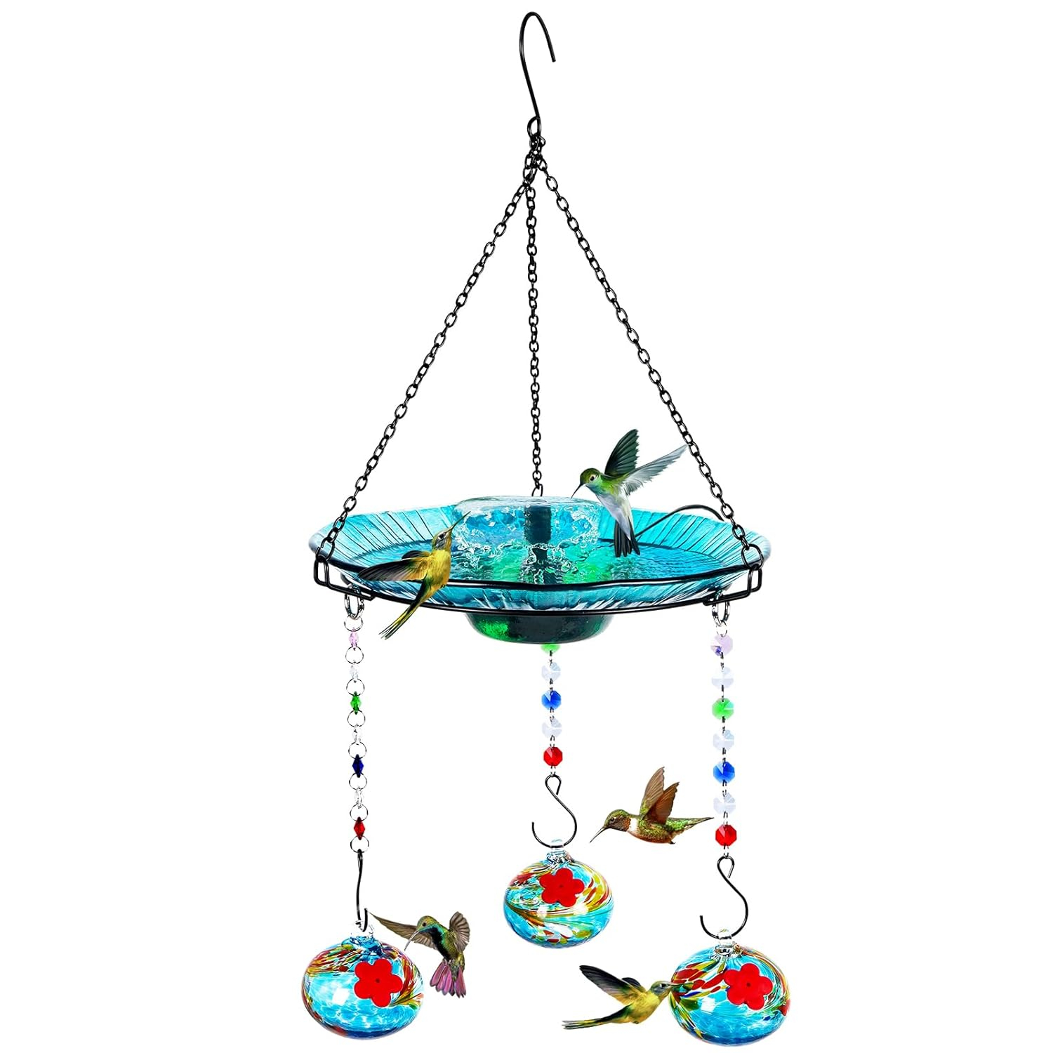 Hummingbird Feeder and Bird Bath for Outdoors 2-in-1 for Small Birds - Hummingbird Bath Fountain with 3 Red Feeder Pots - Hanging Solar Bird Bath Fountains