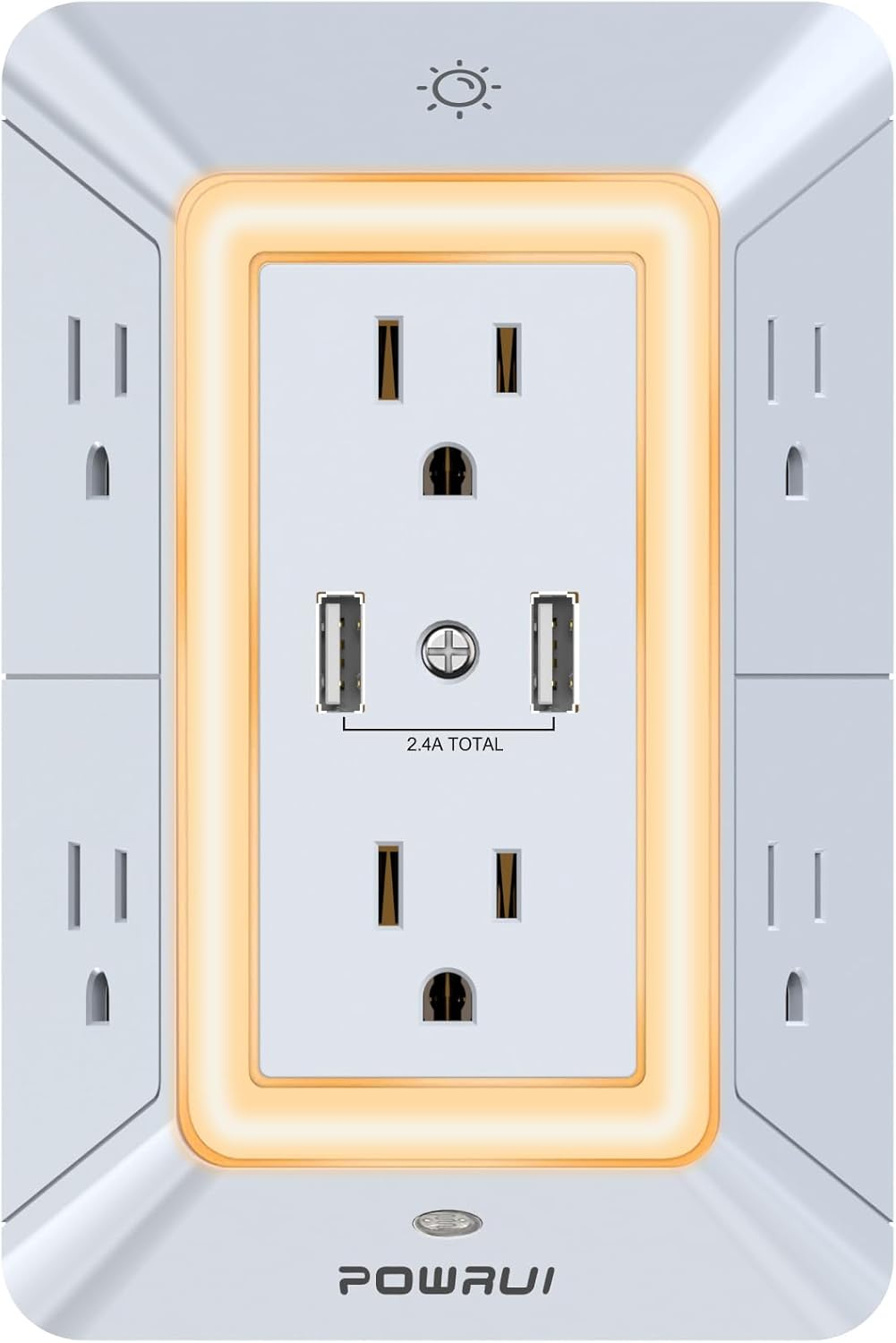Outlet Extender Power Strip, POWRUI 6 AC Surge Protector Outlets with 3 USB Ports (1 USB C) and Night Light, 3-Sided Multi Plug Wall Outlet with Spaced Outlets - Black, ETL Listed