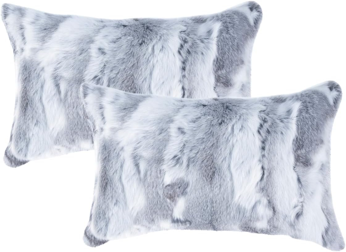 Set of 2 Gray Rabbit Fur Throw Pillow Covers with Soft Poly Inserts